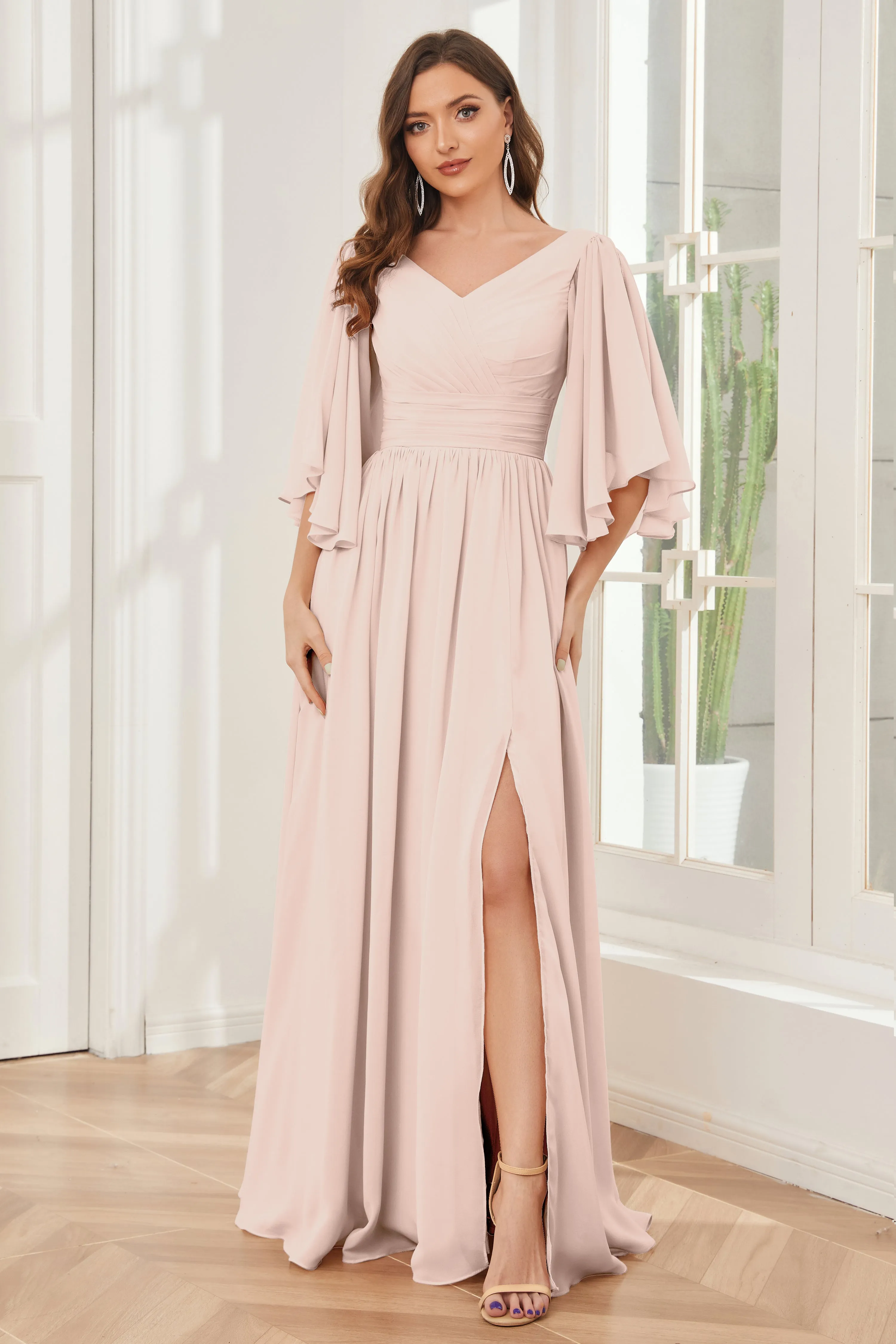 Half Sleeves Lace-up Back Bridesmaid Dresses with Slit