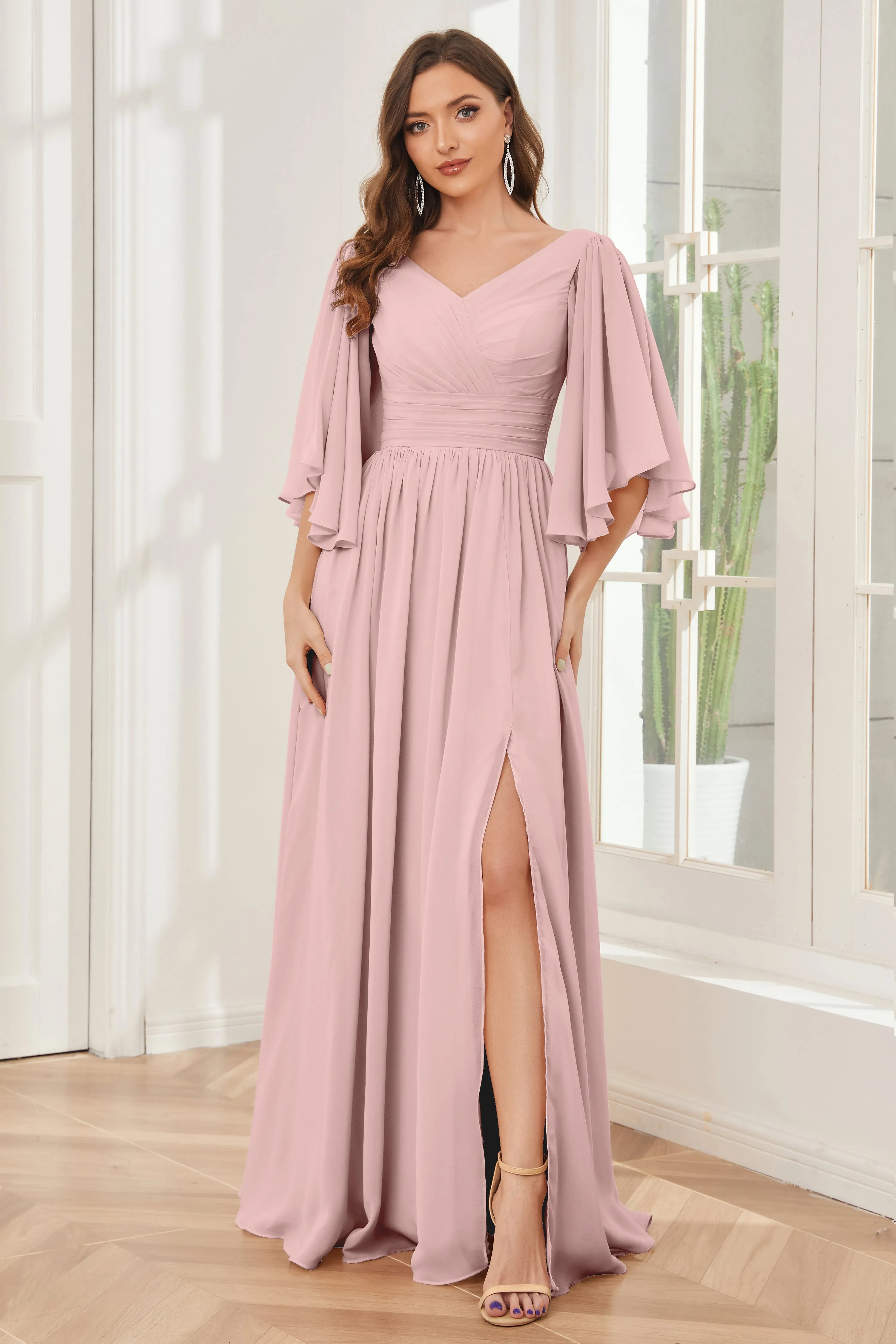 Half Sleeves Lace-up Back Bridesmaid Dresses with Slit