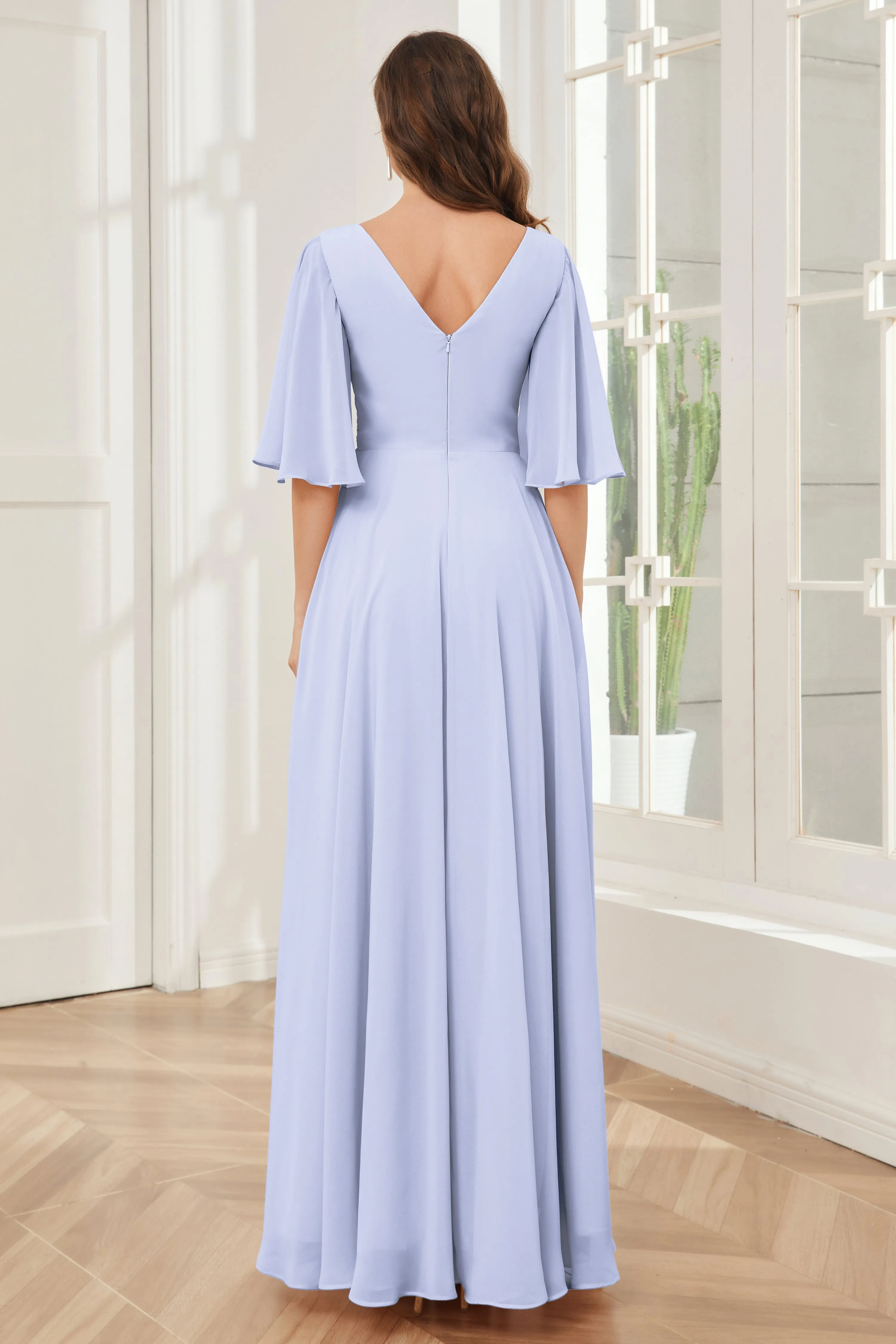 Half Sleeves V-neck Chiffon Bridesmaid Dresses