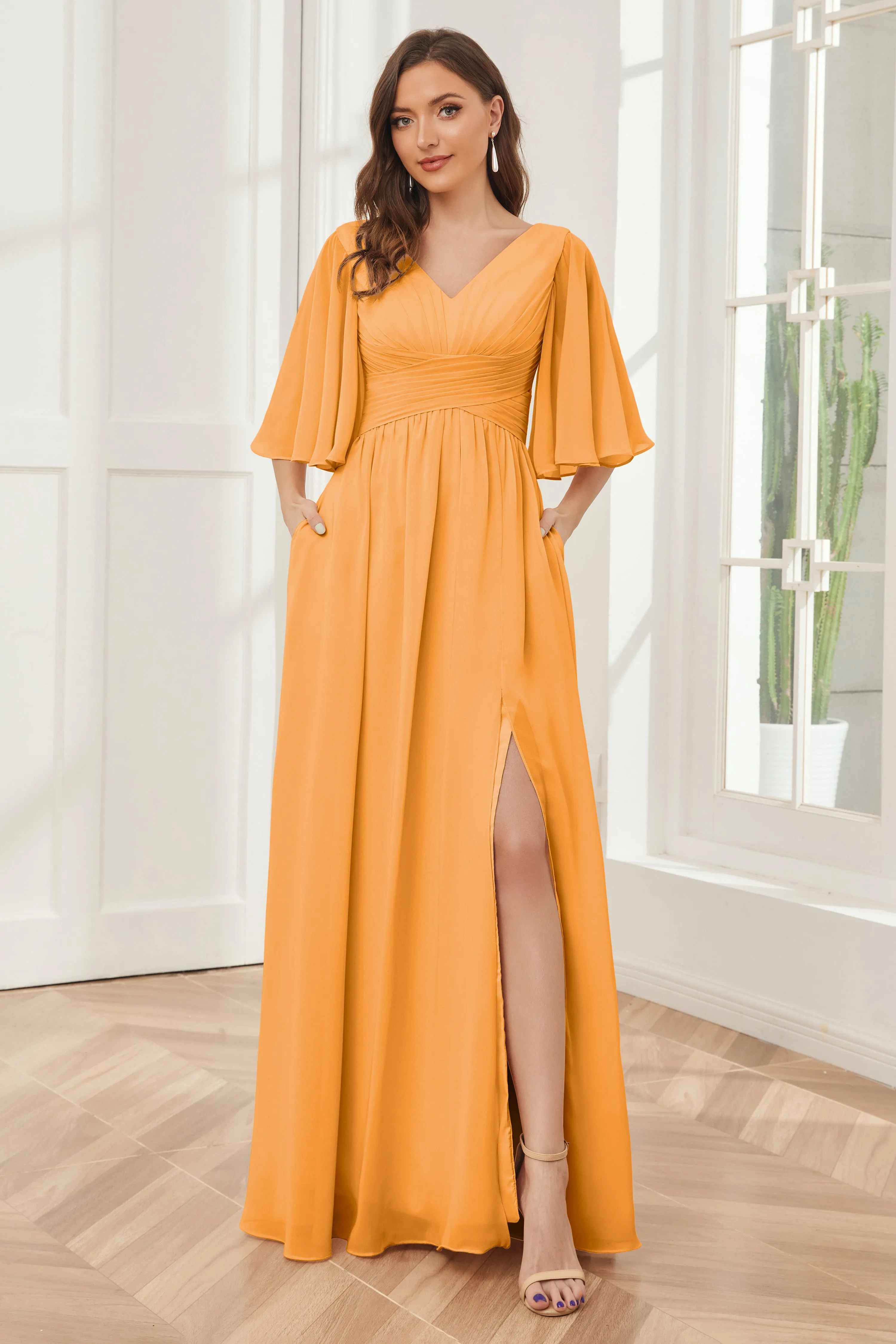 Half Sleeves V-neck Chiffon Bridesmaid Dresses