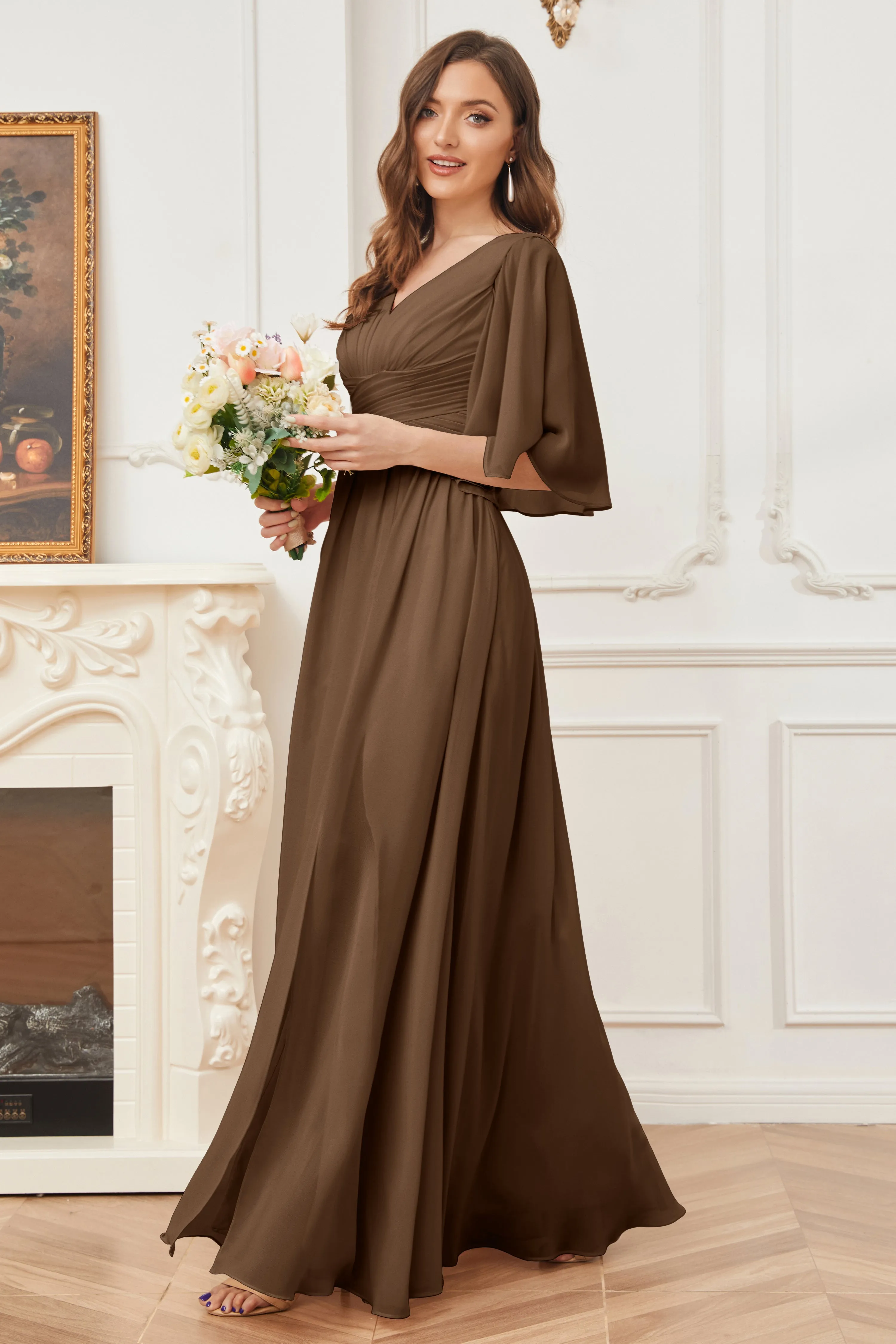 Half Sleeves V-neck Chiffon Bridesmaid Dresses