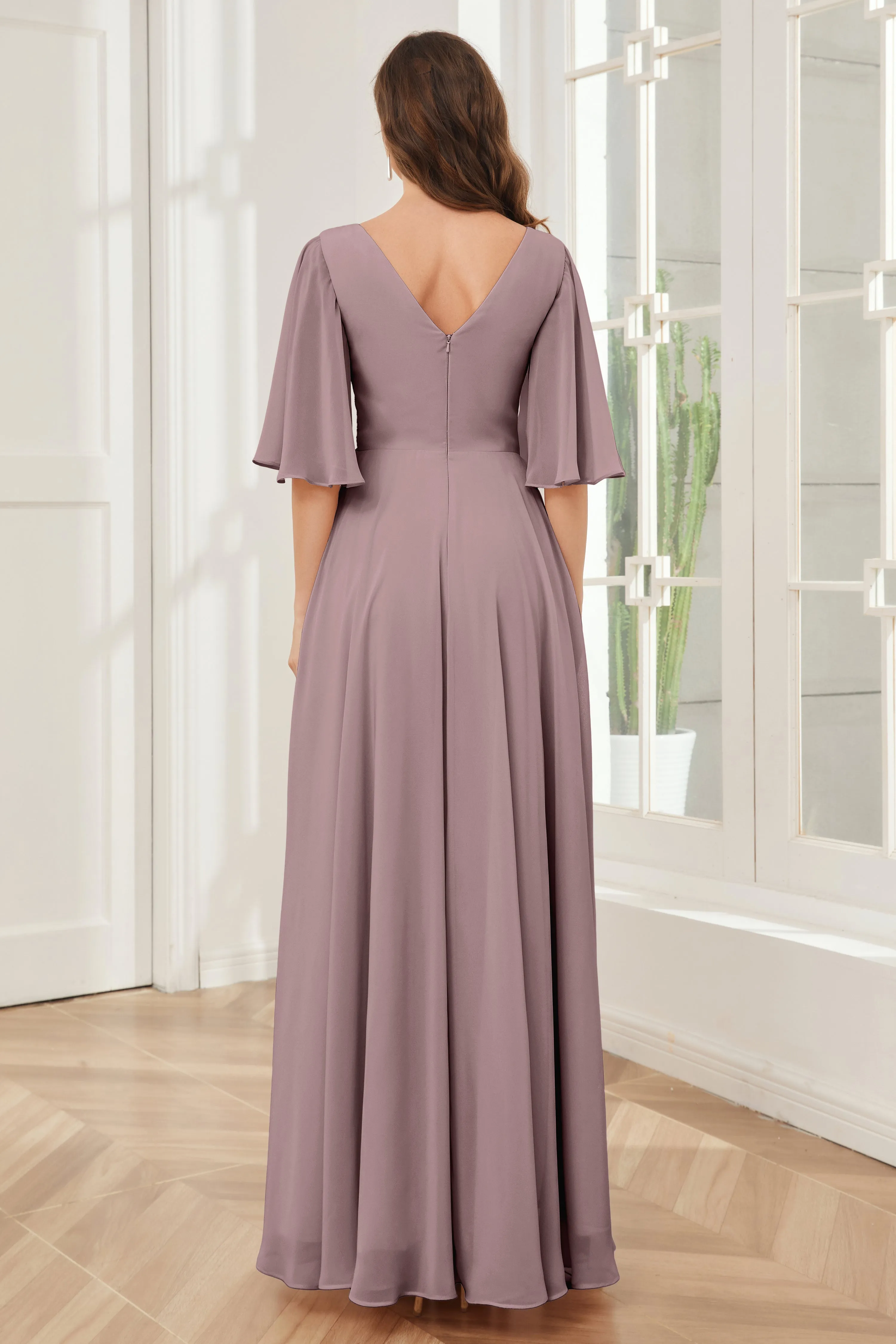 Half Sleeves V-neck Chiffon Bridesmaid Dresses