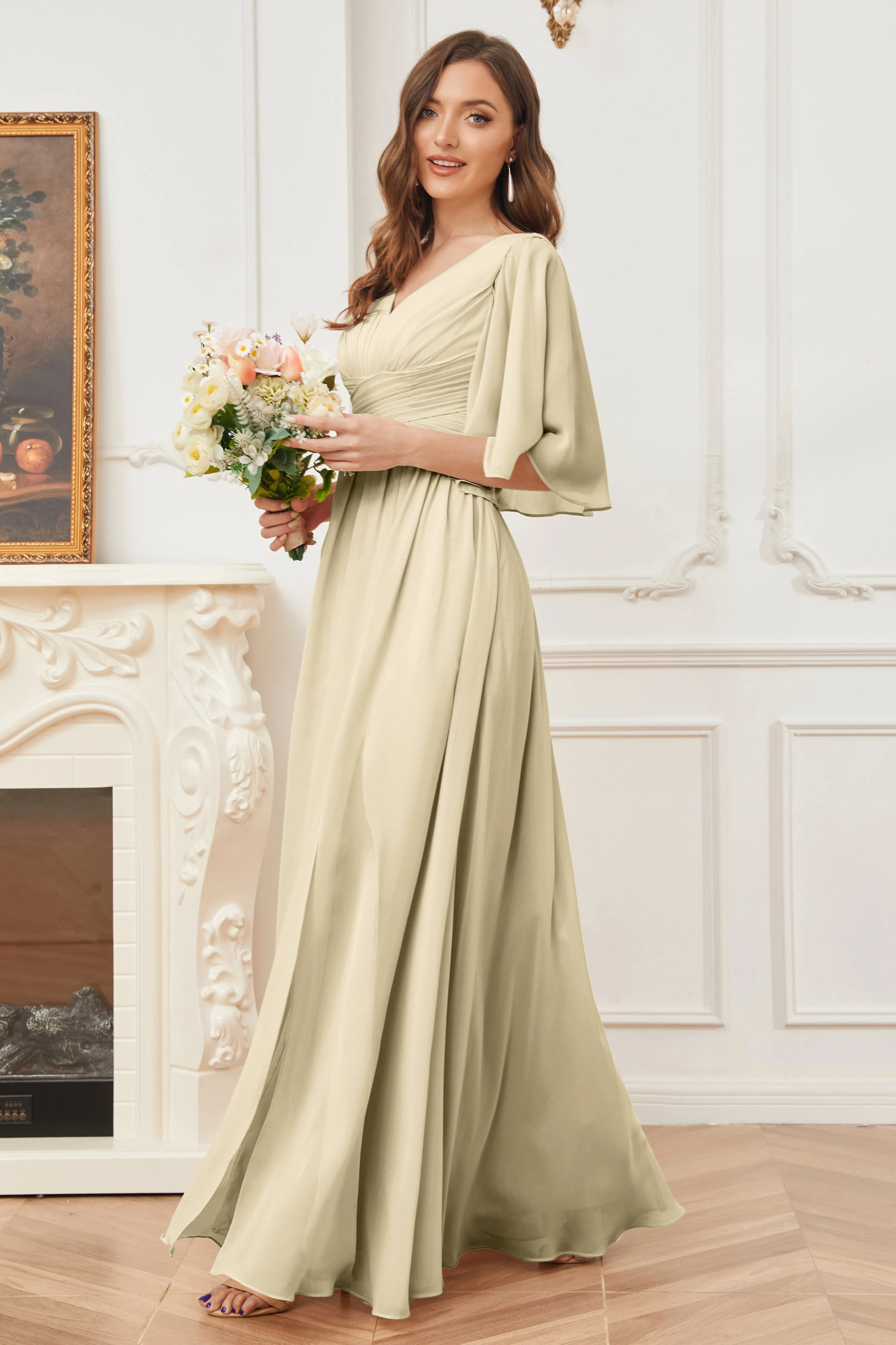 Half Sleeves V-neck Chiffon Bridesmaid Dresses