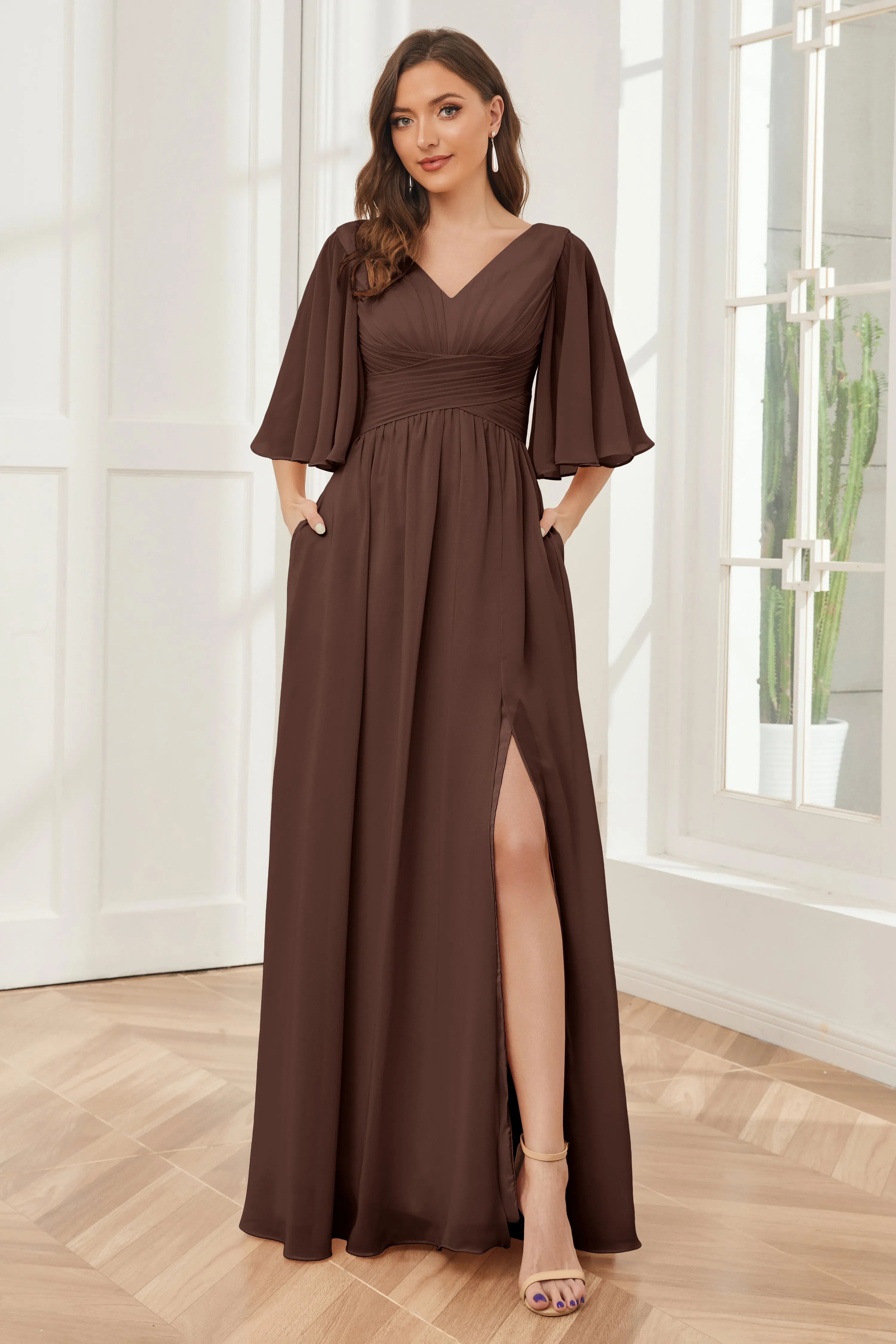 Half Sleeves V-neck Chiffon Bridesmaid Dresses