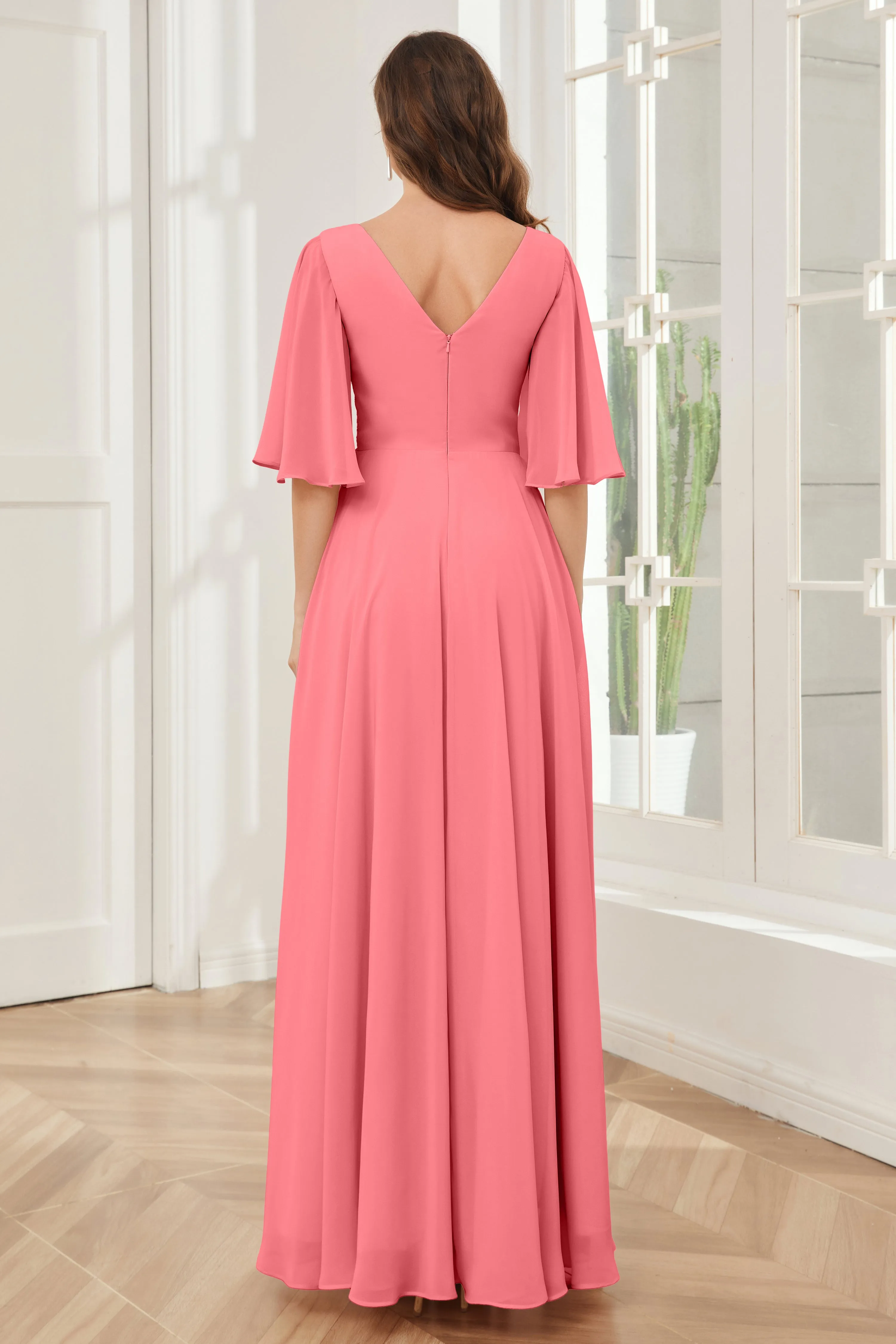 Half Sleeves V-neck Chiffon Bridesmaid Dresses