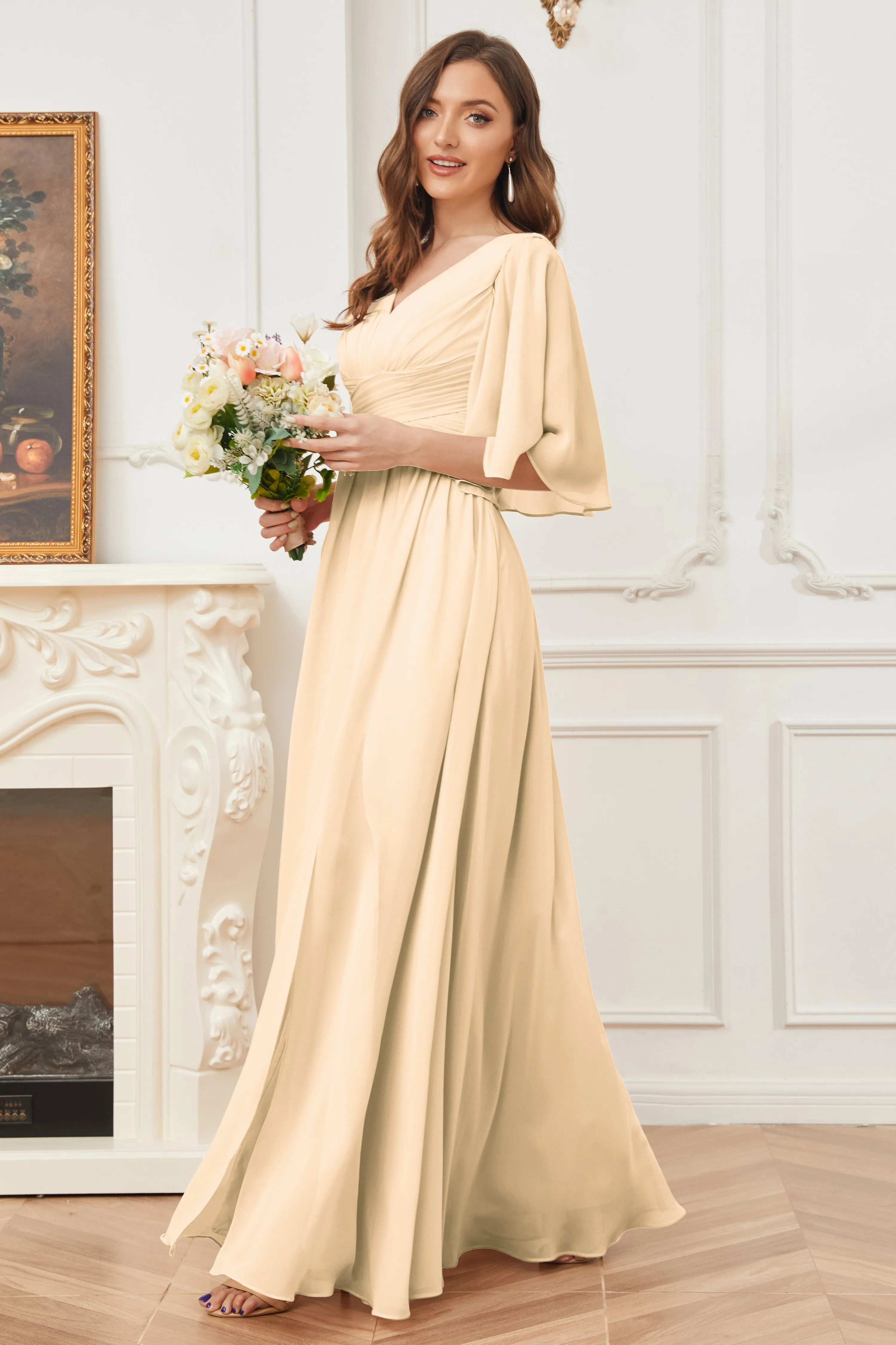 Half Sleeves V-neck Chiffon Bridesmaid Dresses