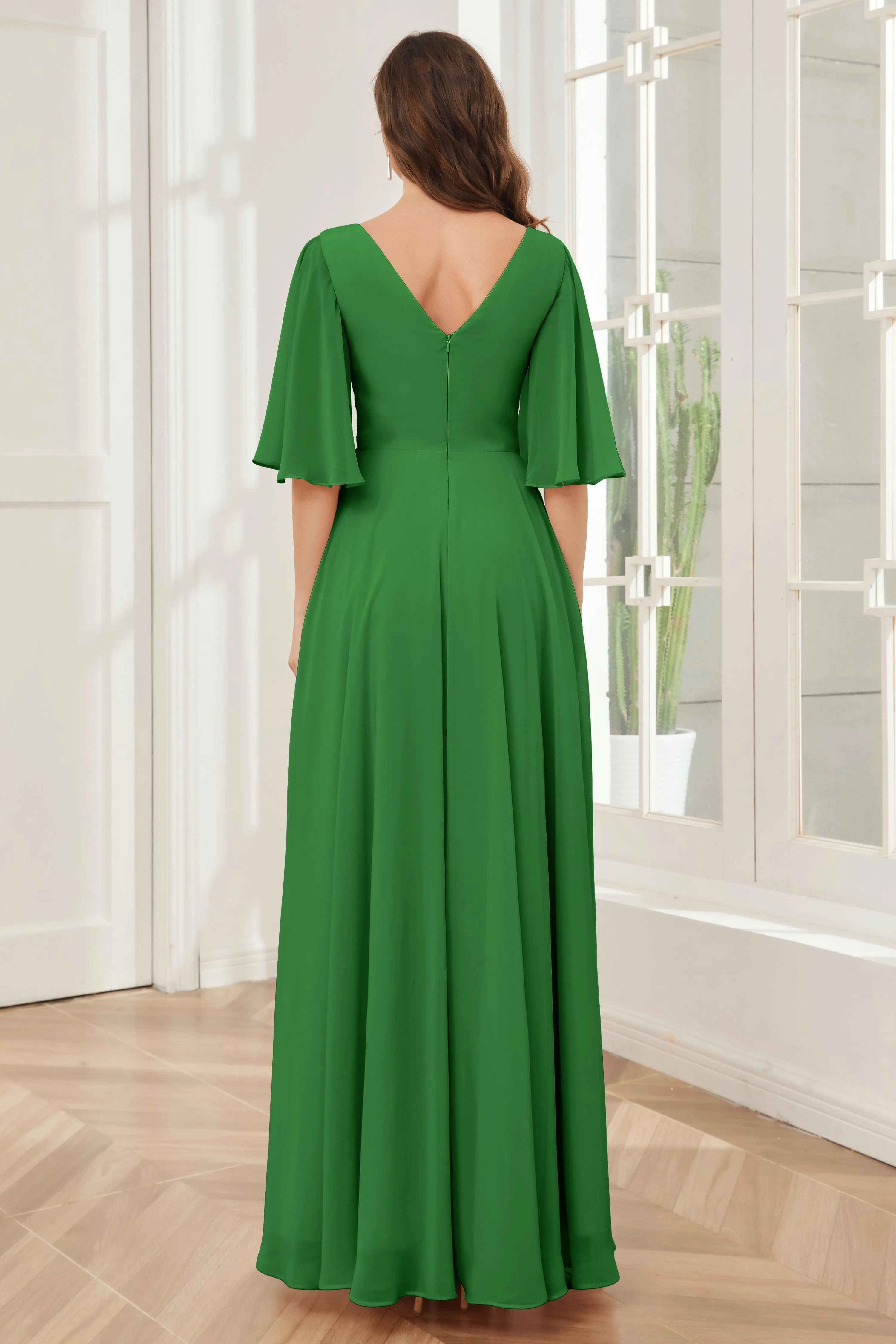 Half Sleeves V-neck Chiffon Bridesmaid Dresses