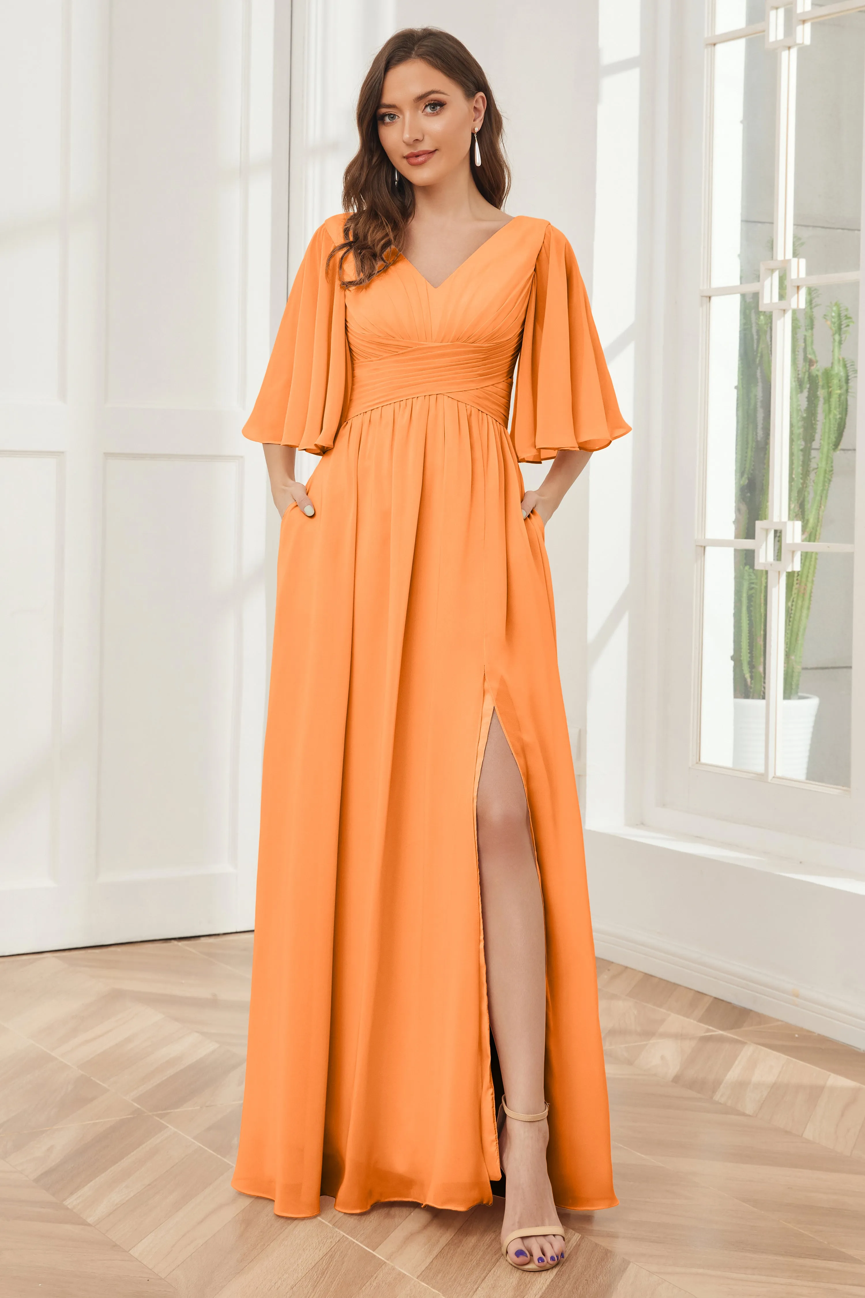 Half Sleeves V-neck Chiffon Bridesmaid Dresses