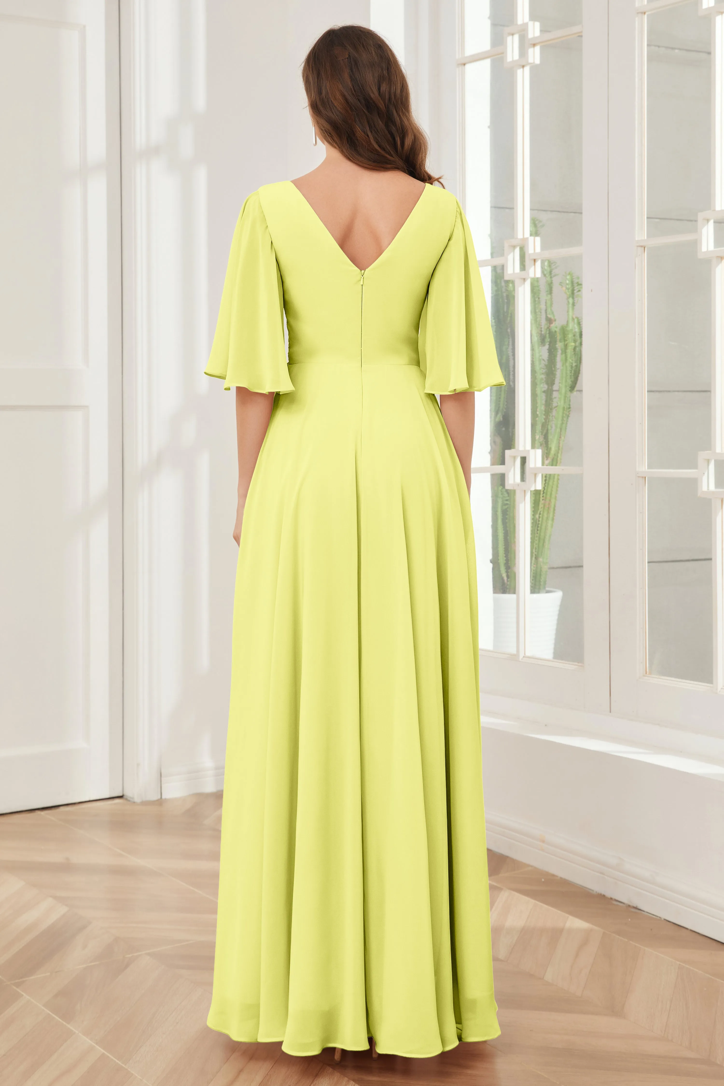 Half Sleeves V-neck Chiffon Bridesmaid Dresses