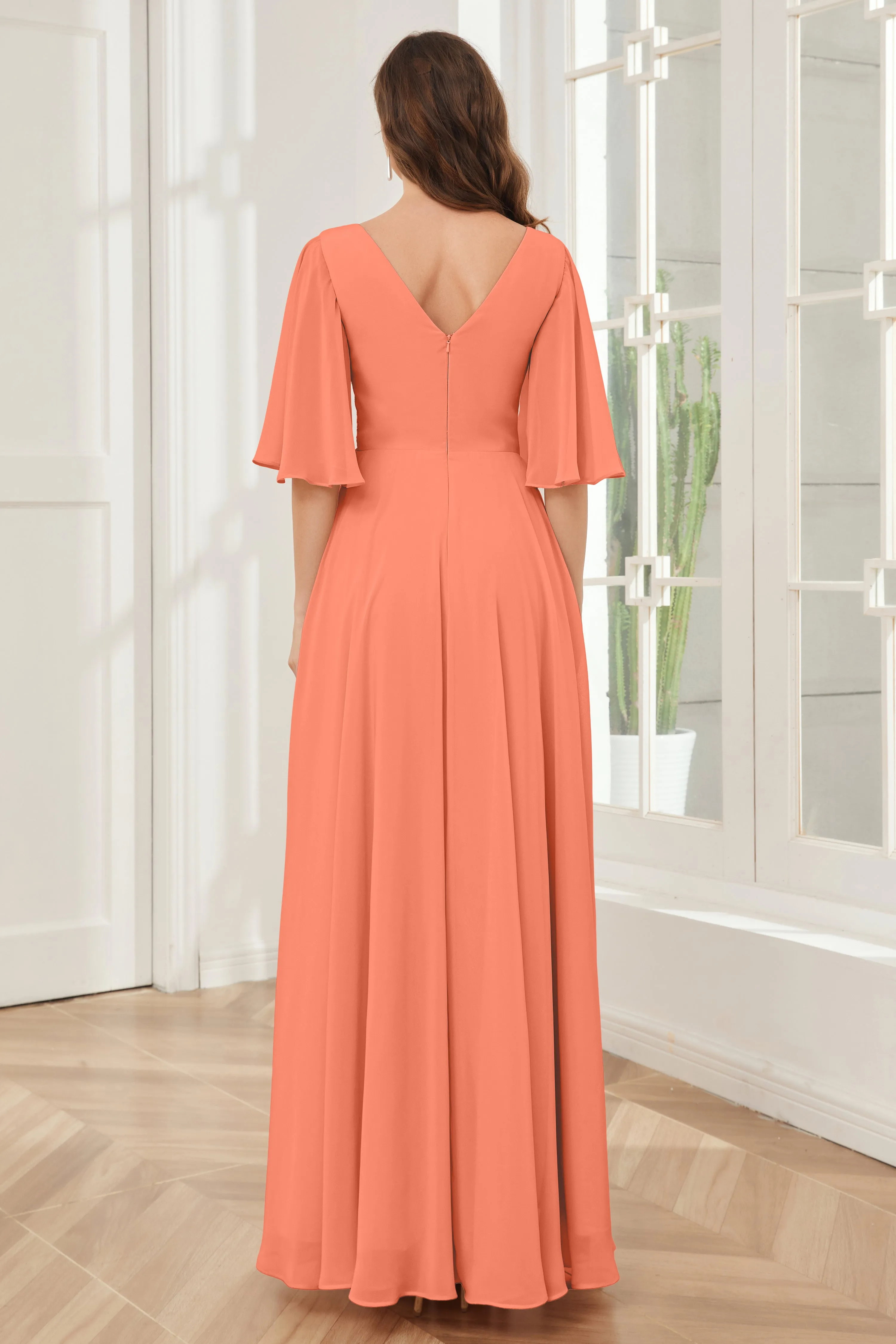 Half Sleeves V-neck Chiffon Bridesmaid Dresses