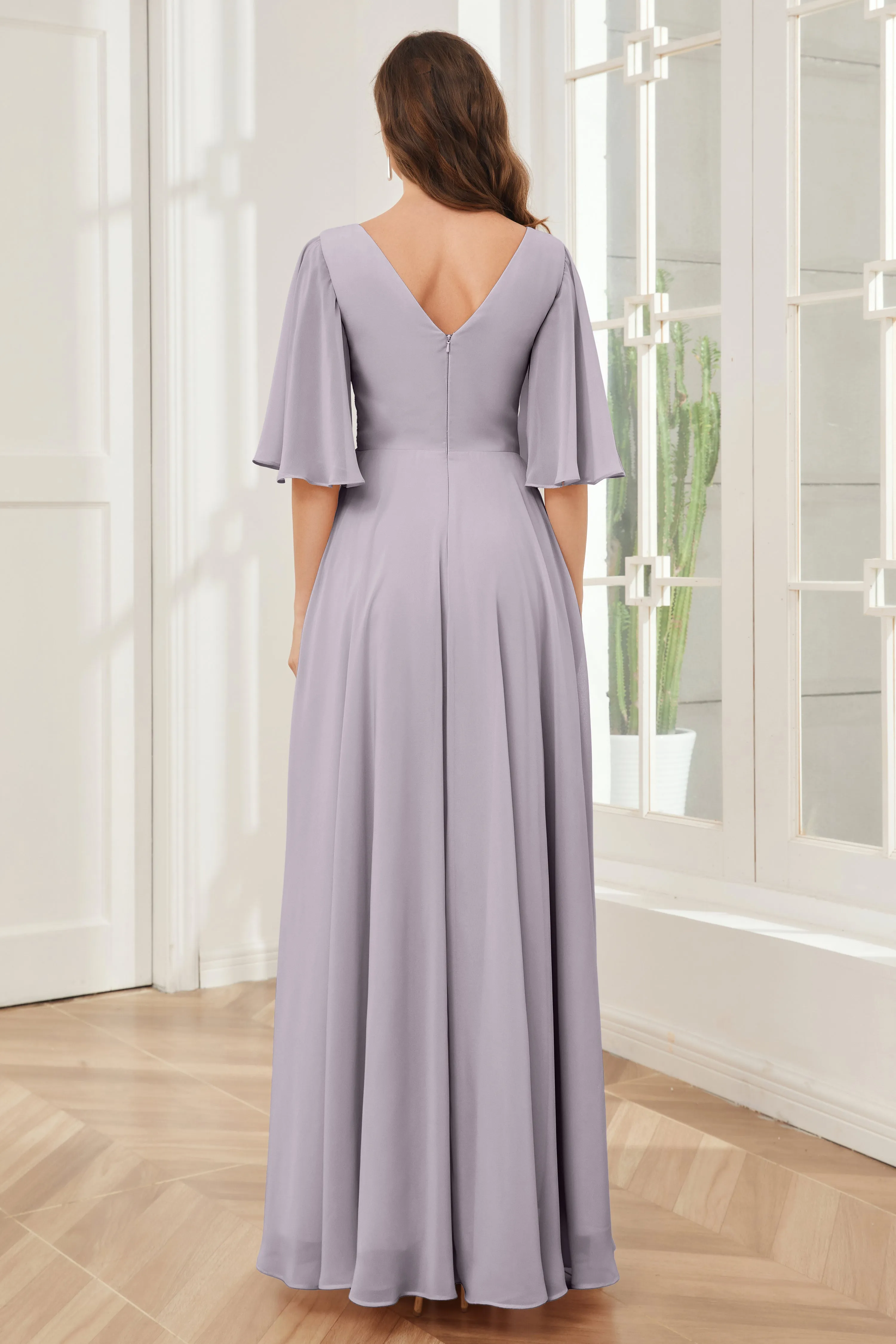 Half Sleeves V-neck Chiffon Bridesmaid Dresses