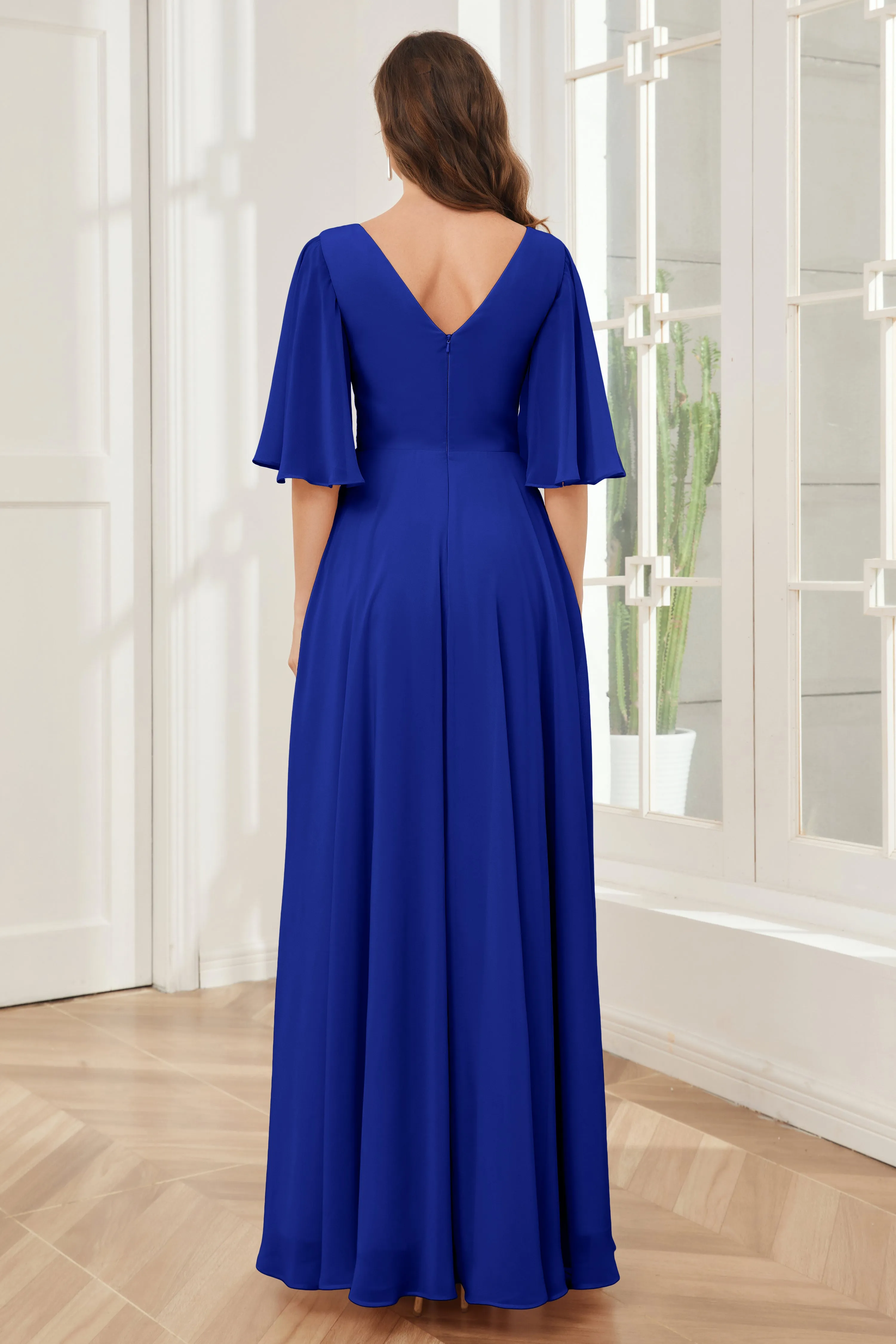 Half Sleeves V-neck Chiffon Bridesmaid Dresses