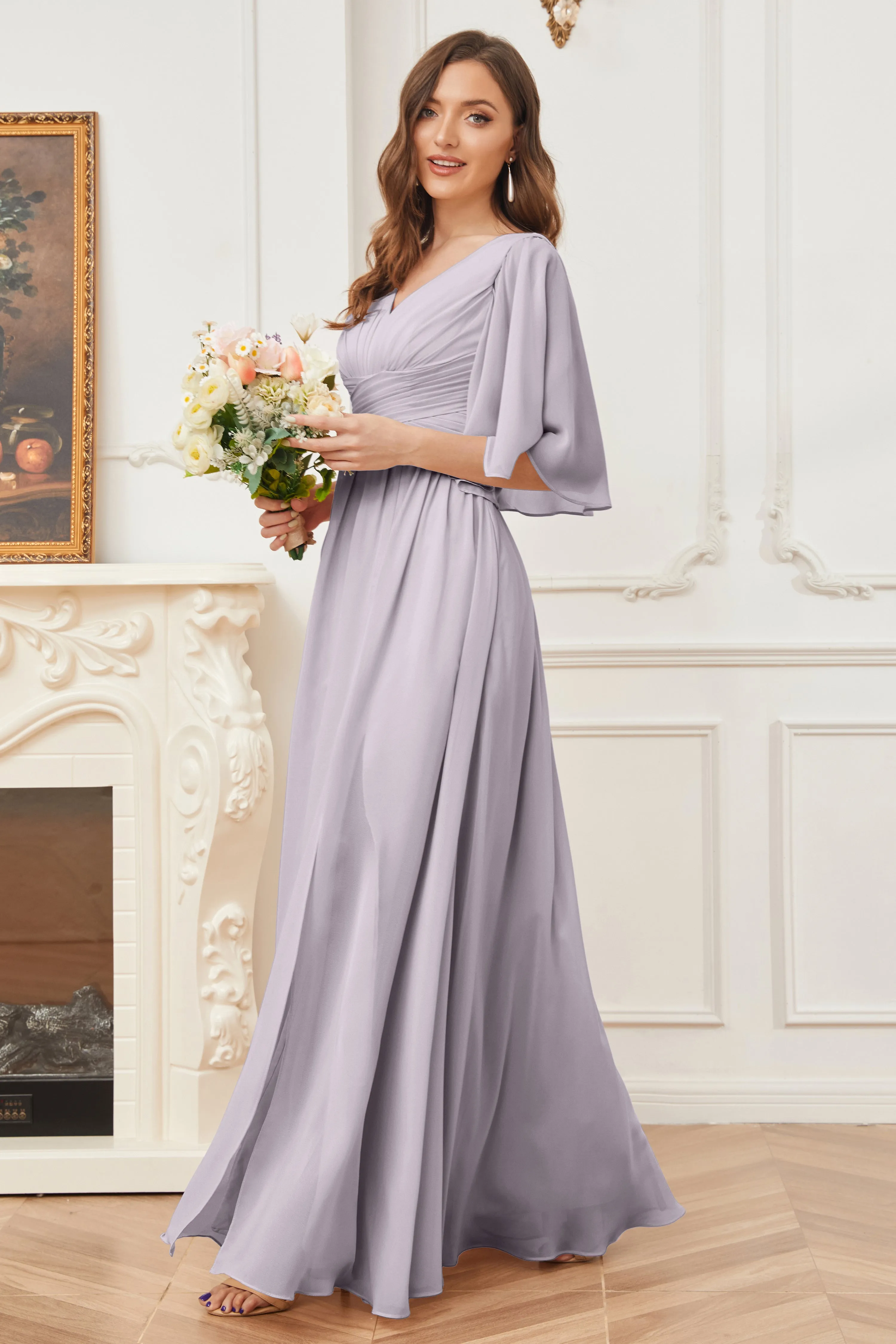 Half Sleeves V-neck Chiffon Bridesmaid Dresses