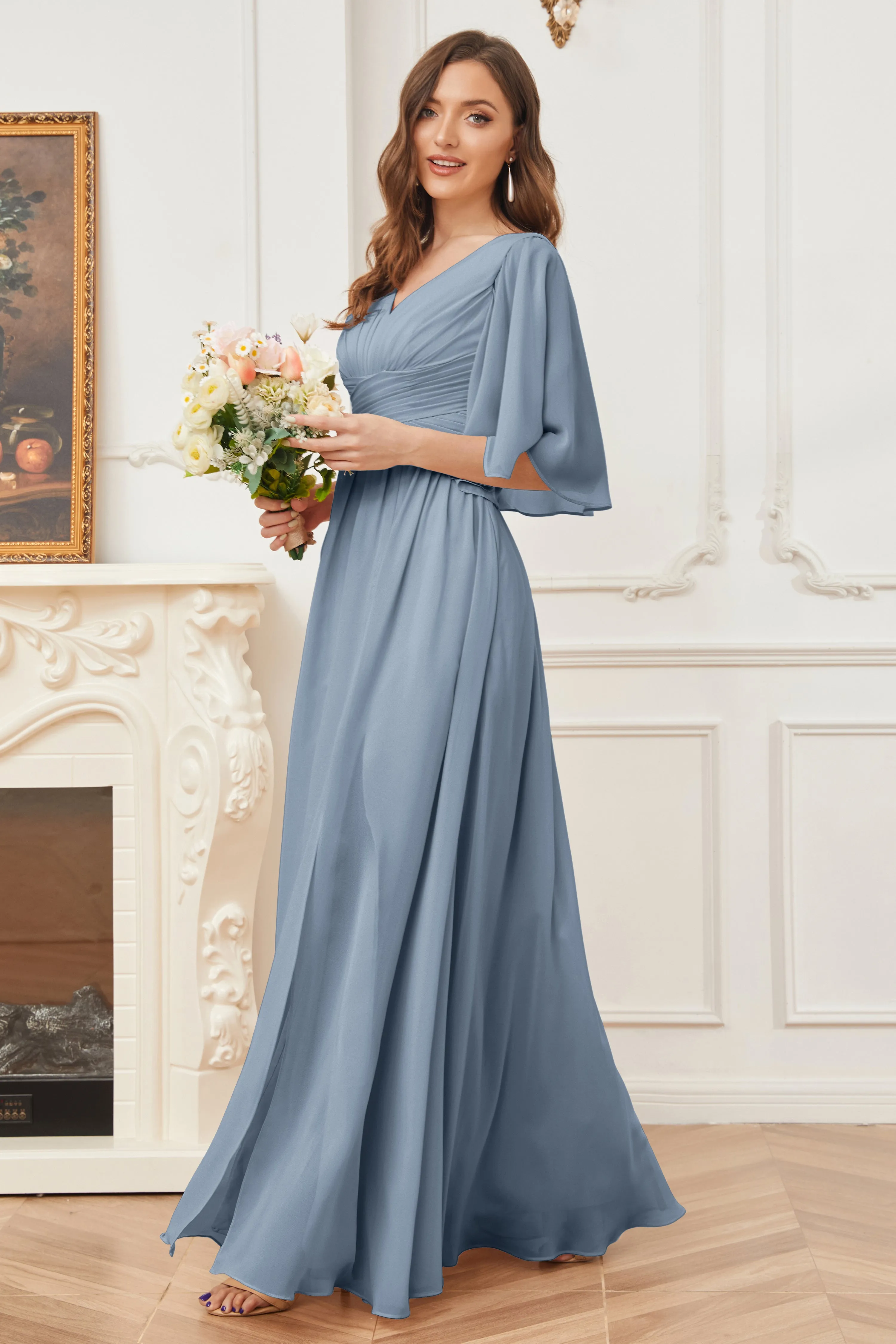 Half Sleeves V-neck Chiffon Bridesmaid Dresses