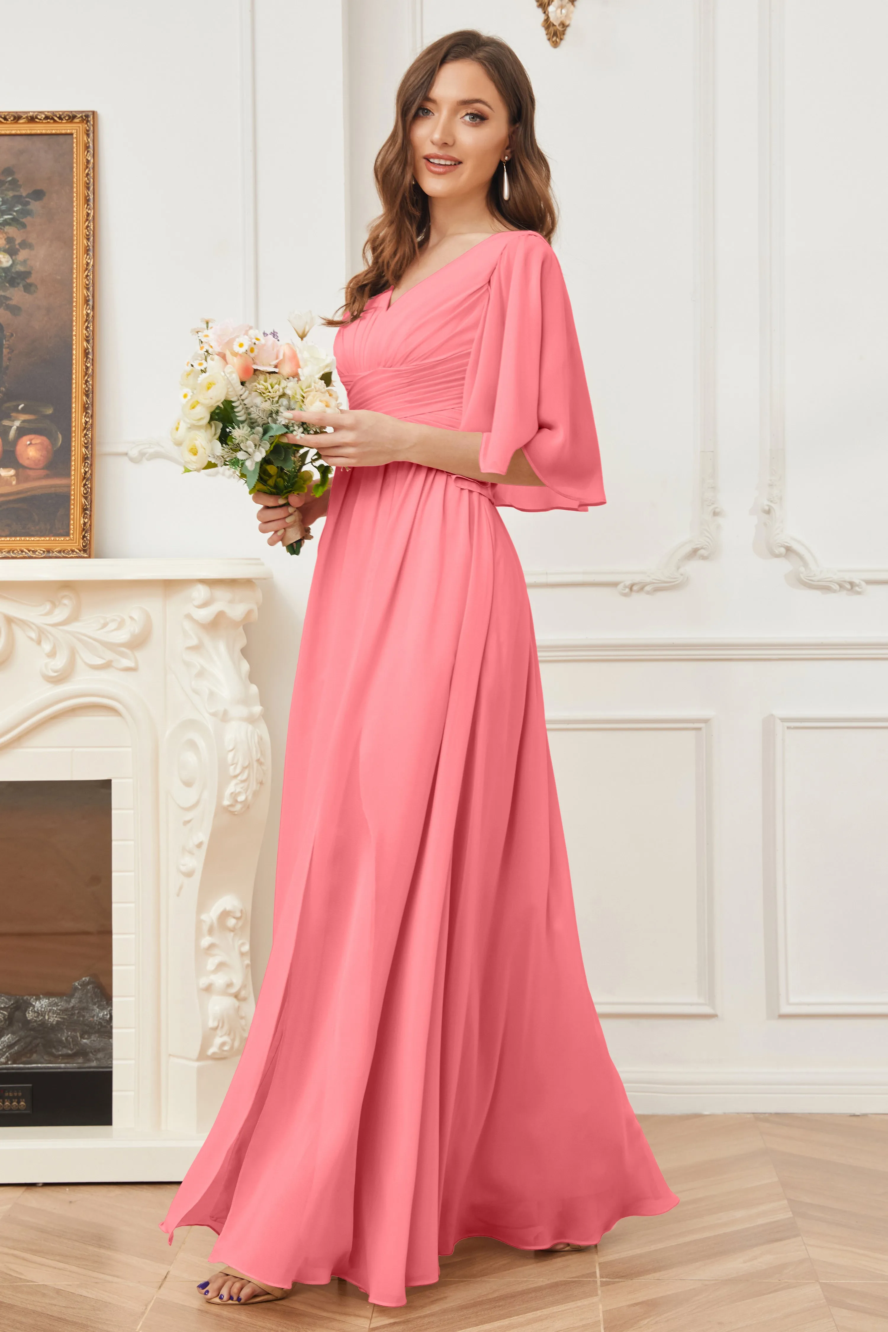 Half Sleeves V-neck Chiffon Bridesmaid Dresses