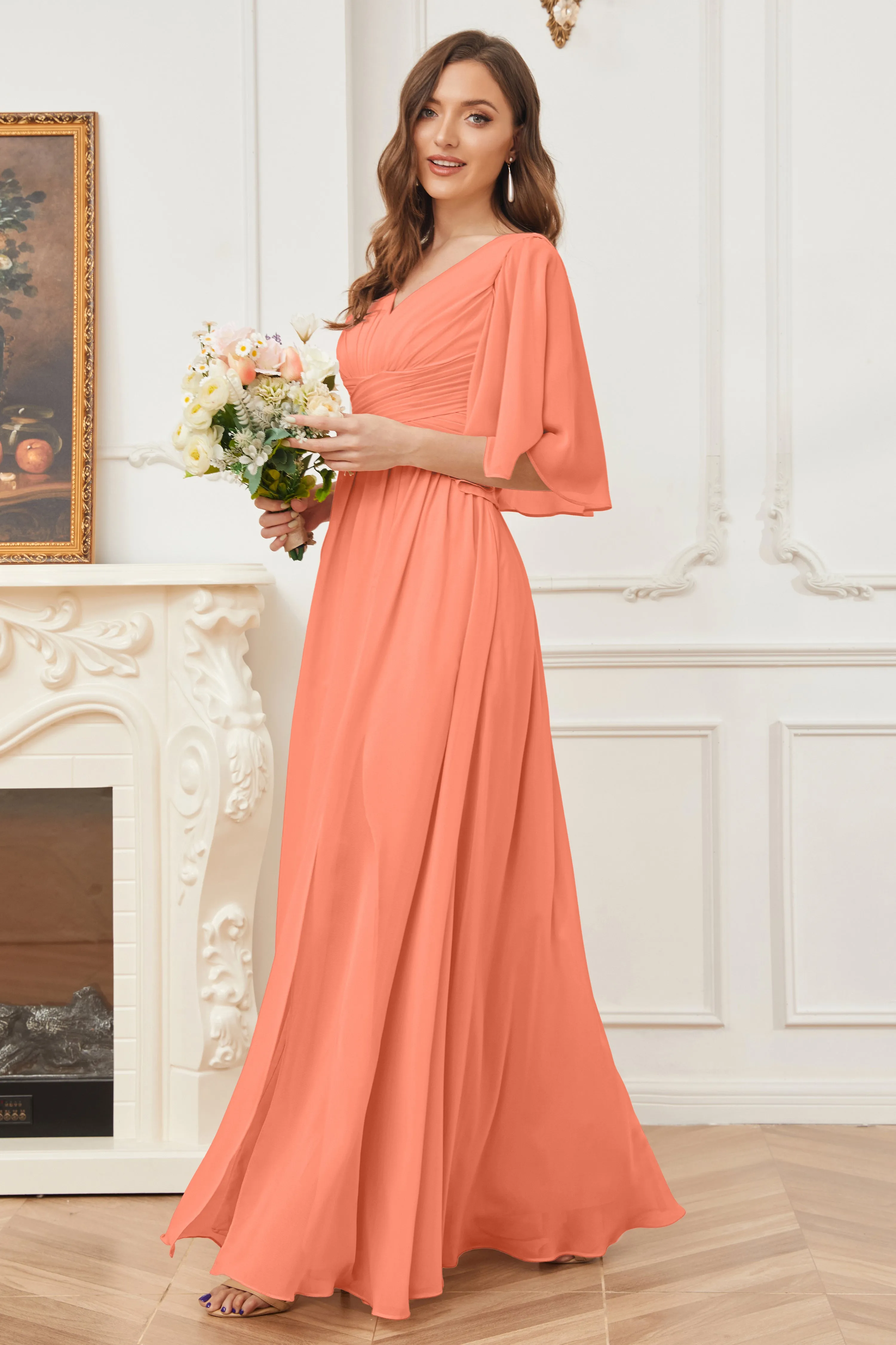 Half Sleeves V-neck Chiffon Bridesmaid Dresses