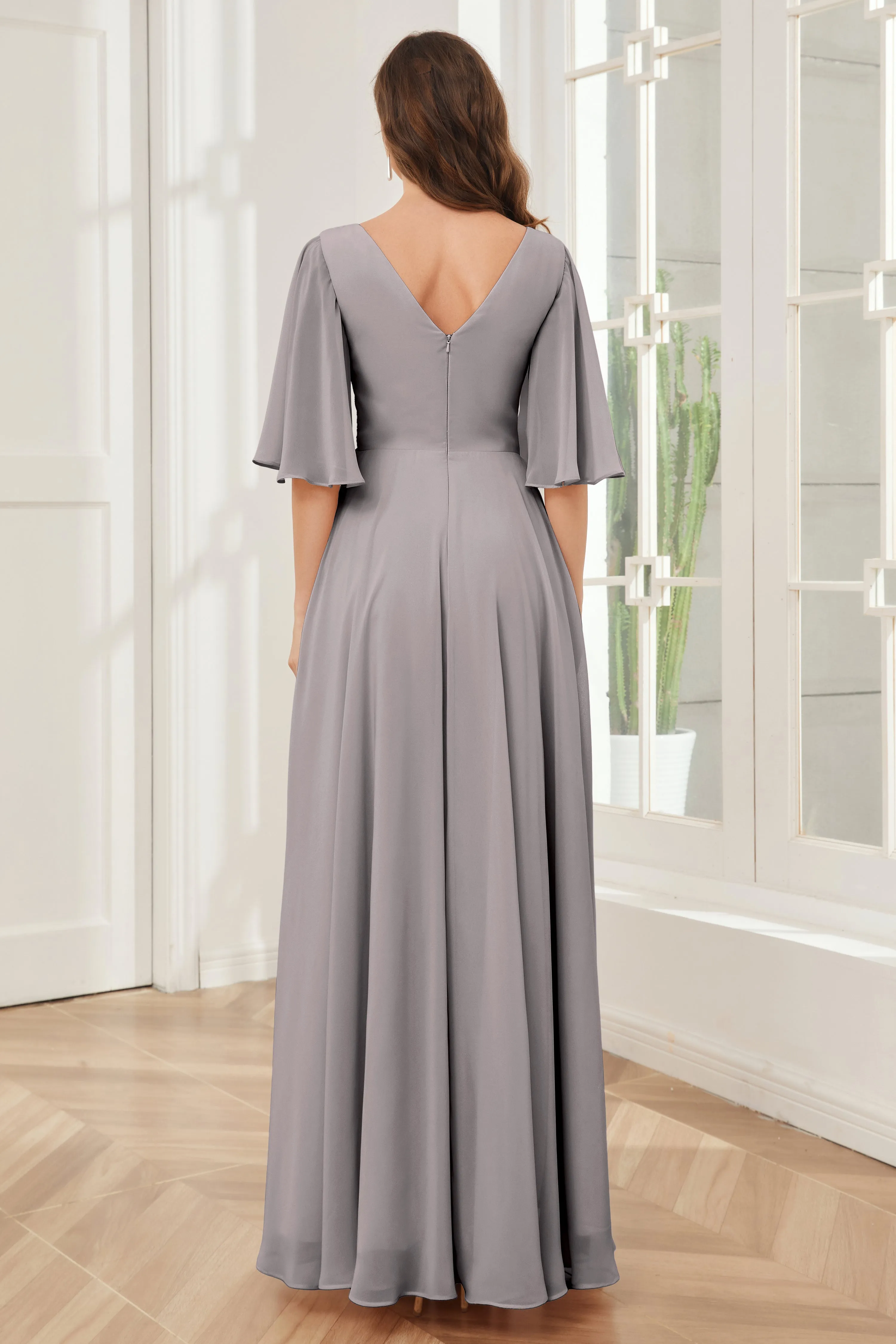 Half Sleeves V-neck Chiffon Bridesmaid Dresses