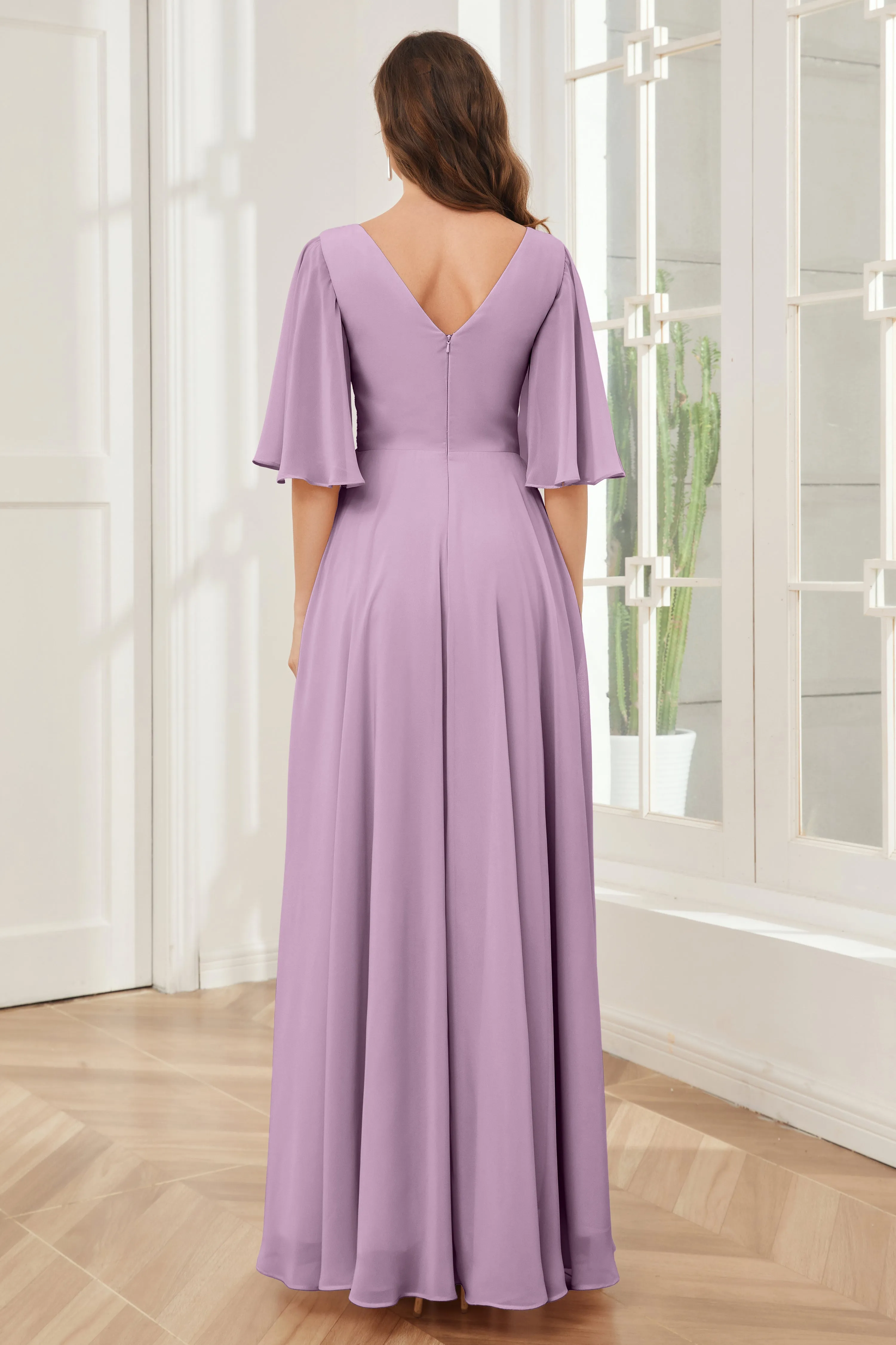 Half Sleeves V-neck Chiffon Bridesmaid Dresses