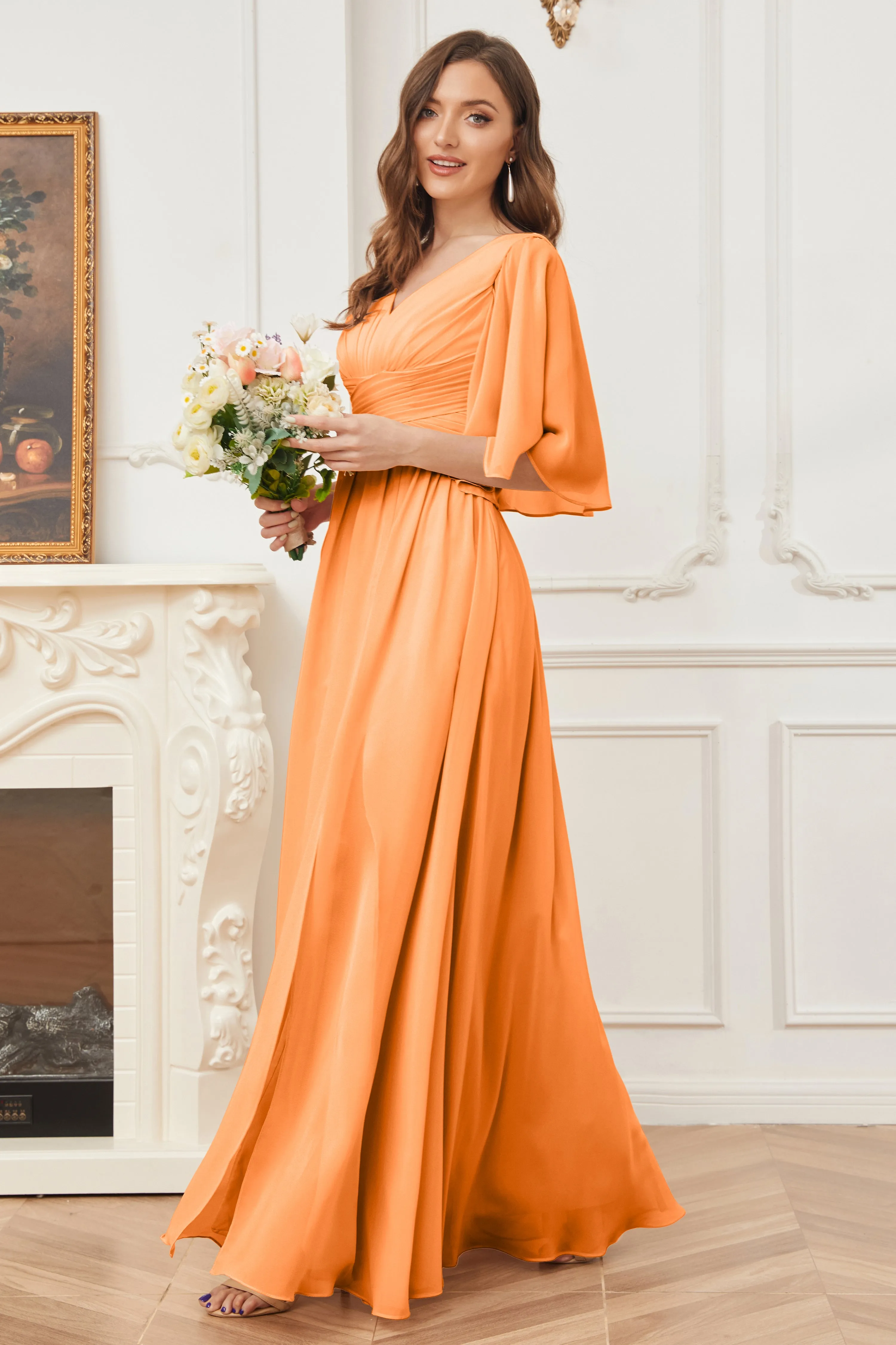 Half Sleeves V-neck Chiffon Bridesmaid Dresses