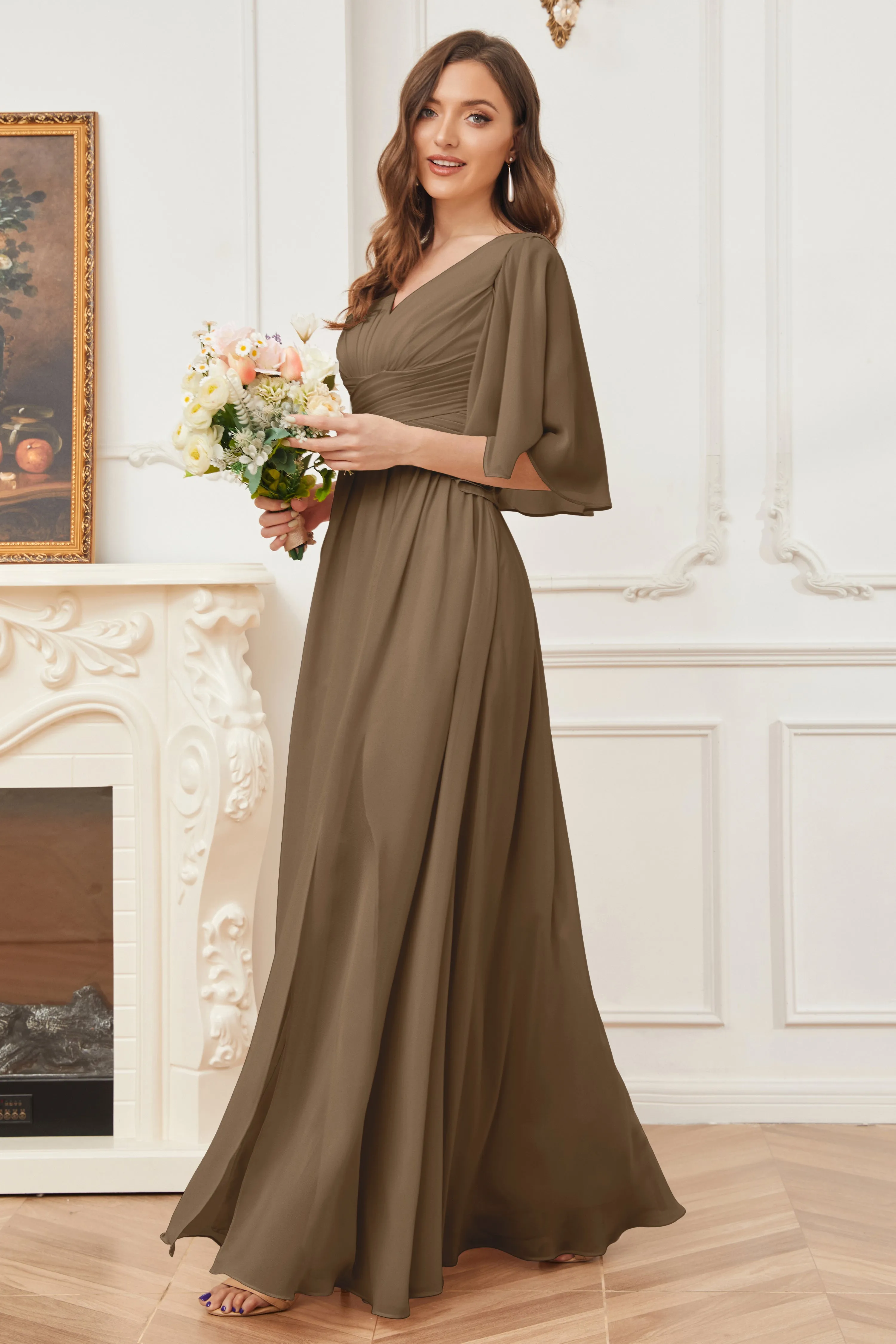 Half Sleeves V-neck Chiffon Bridesmaid Dresses