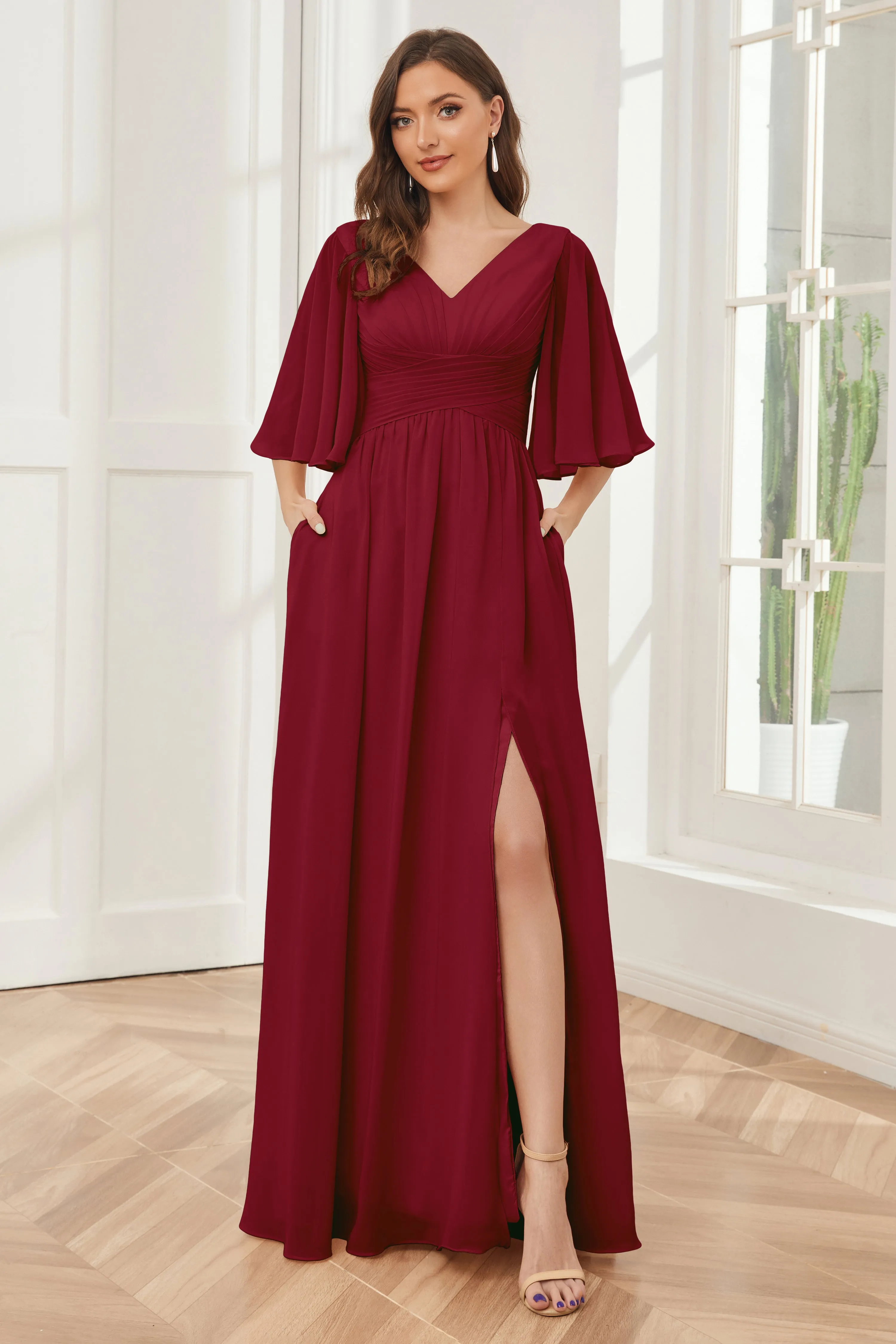 Half Sleeves V-neck Chiffon Bridesmaid Dresses