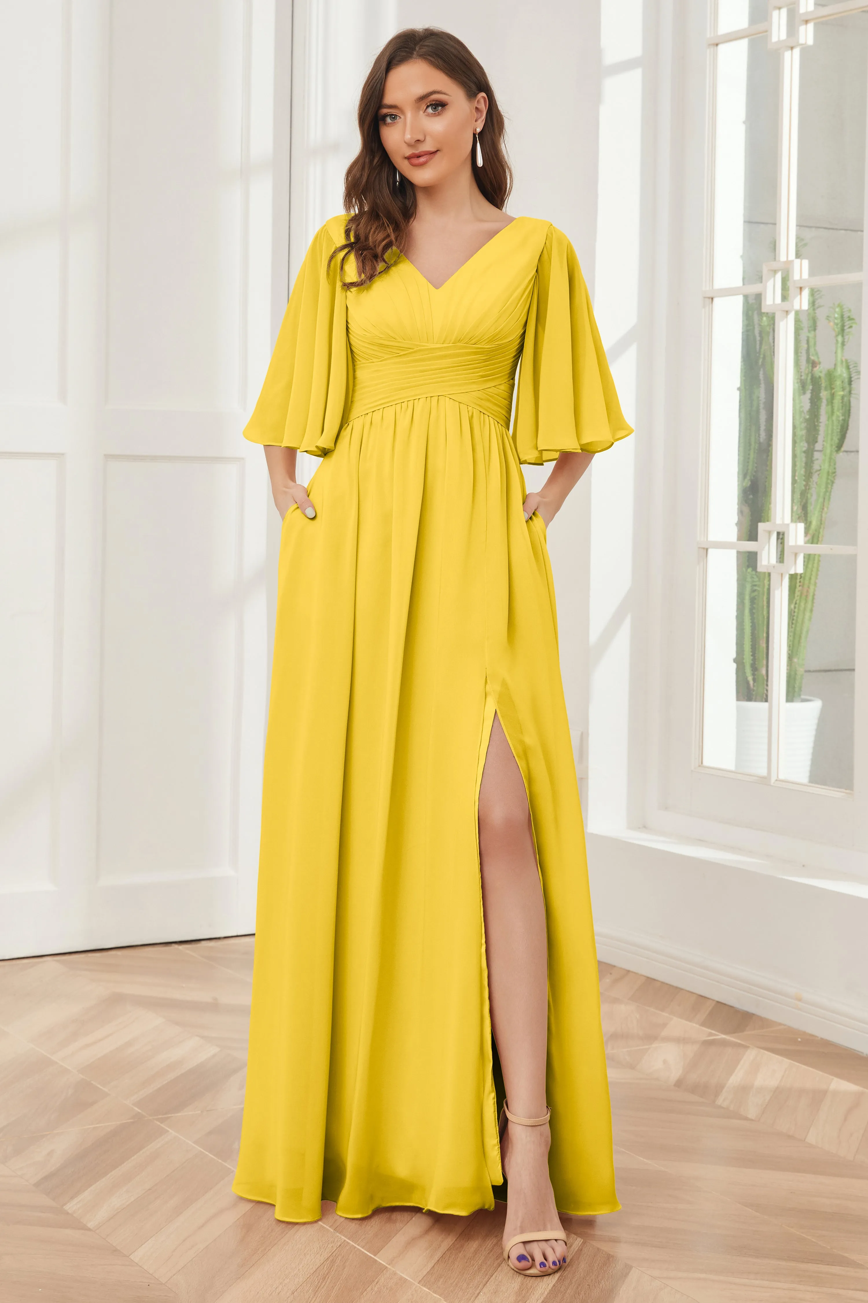 Half Sleeves V-neck Chiffon Bridesmaid Dresses