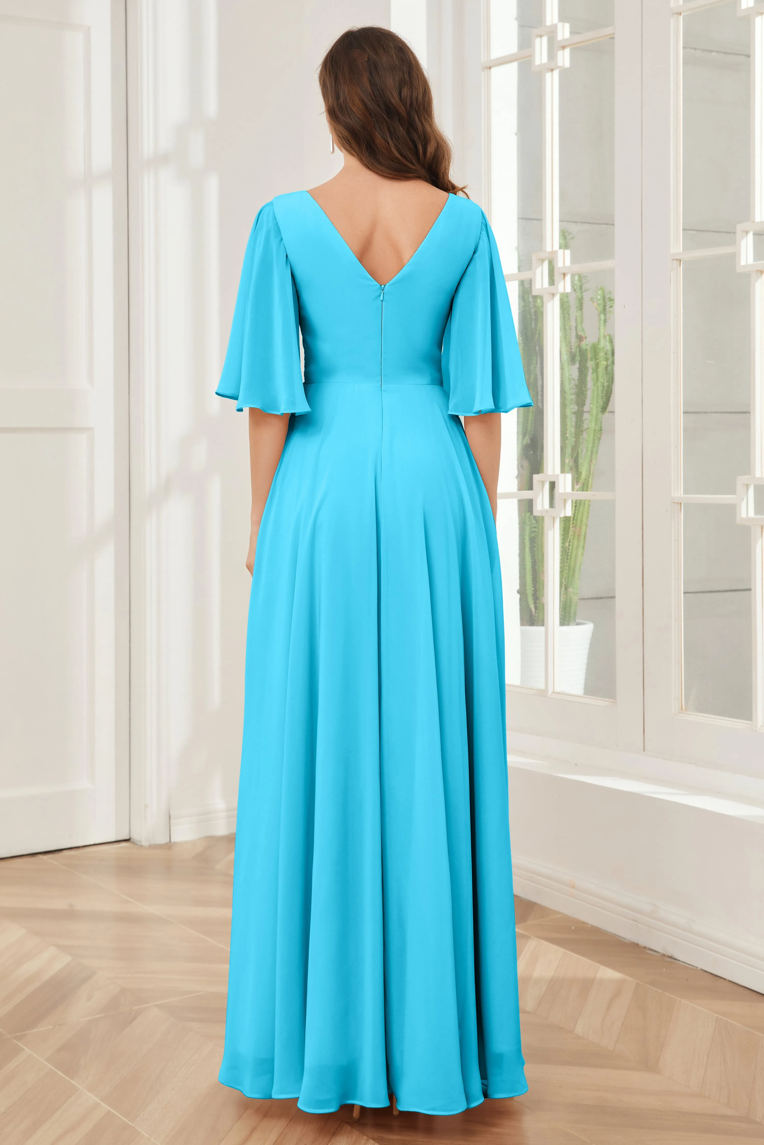 Half Sleeves V-neck Chiffon Bridesmaid Dresses