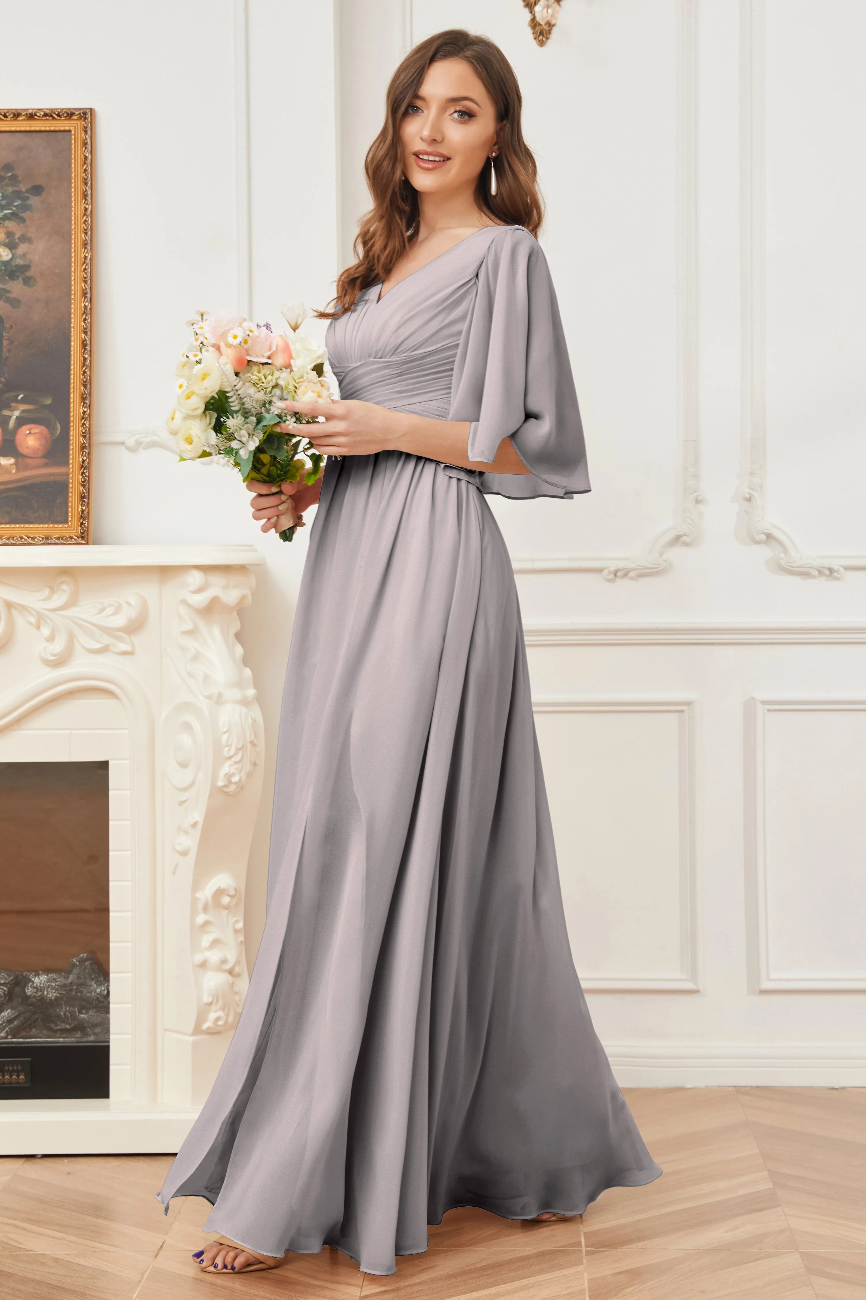 Half Sleeves V-neck Chiffon Bridesmaid Dresses