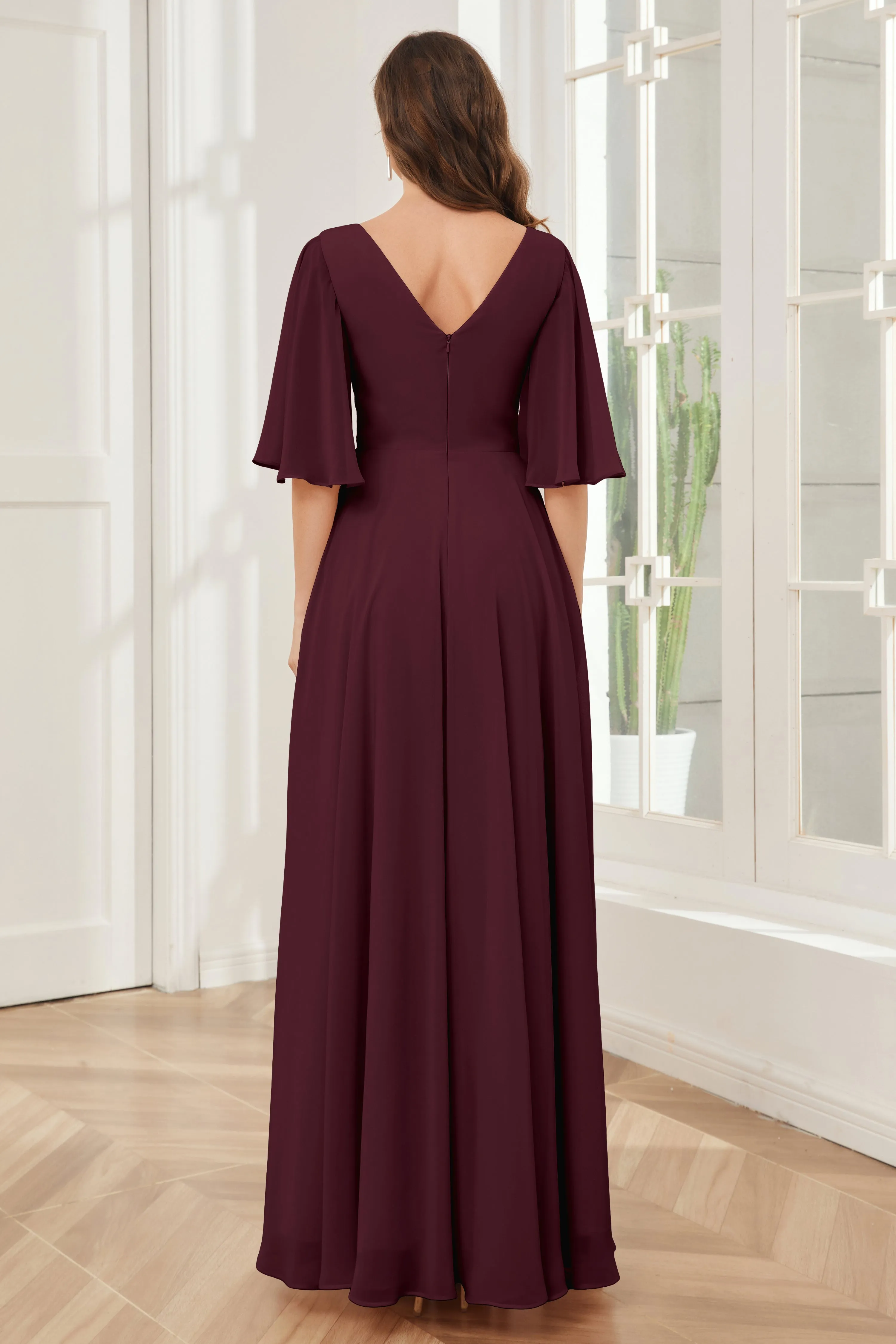 Half Sleeves V-neck Chiffon Bridesmaid Dresses