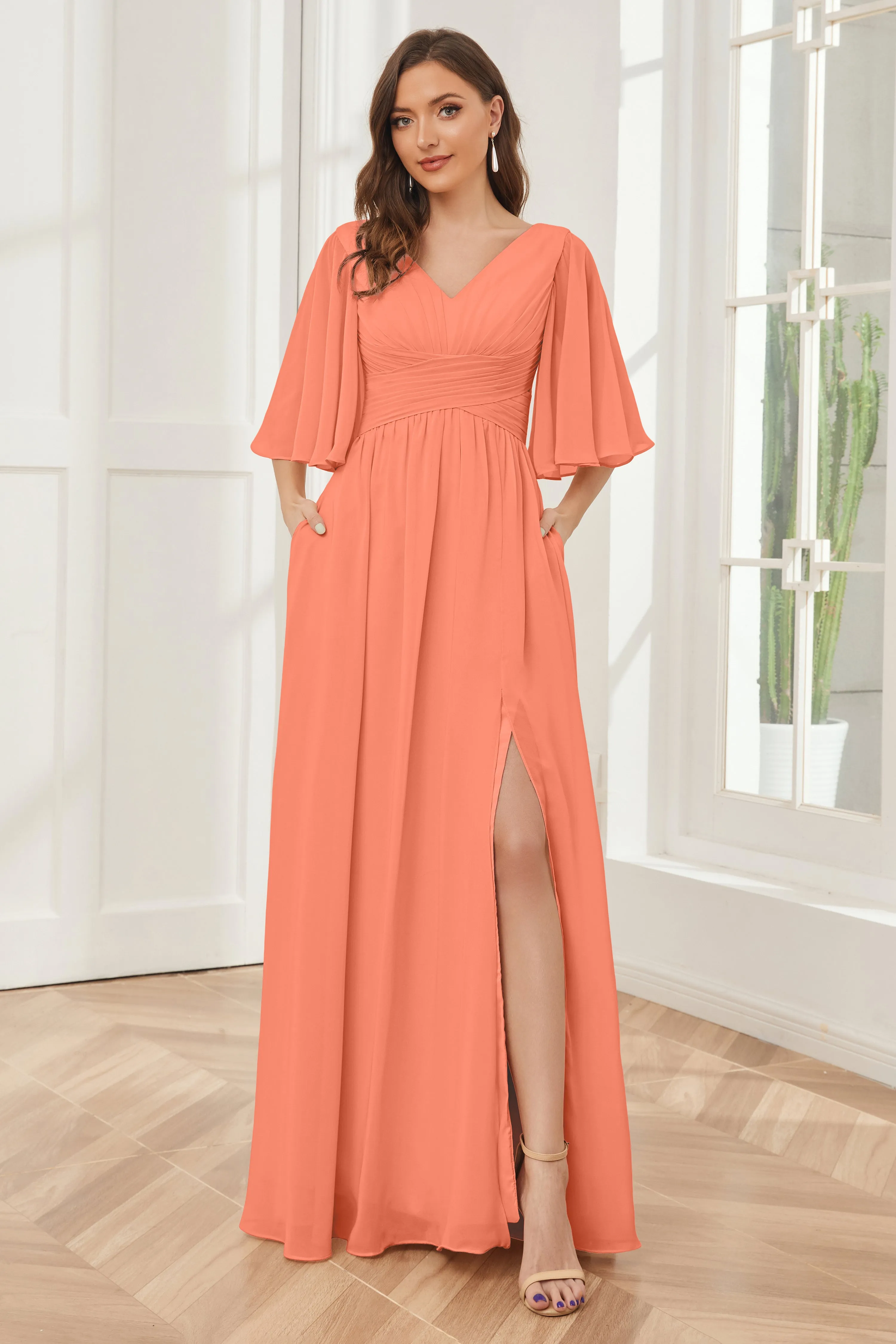 Half Sleeves V-neck Chiffon Bridesmaid Dresses