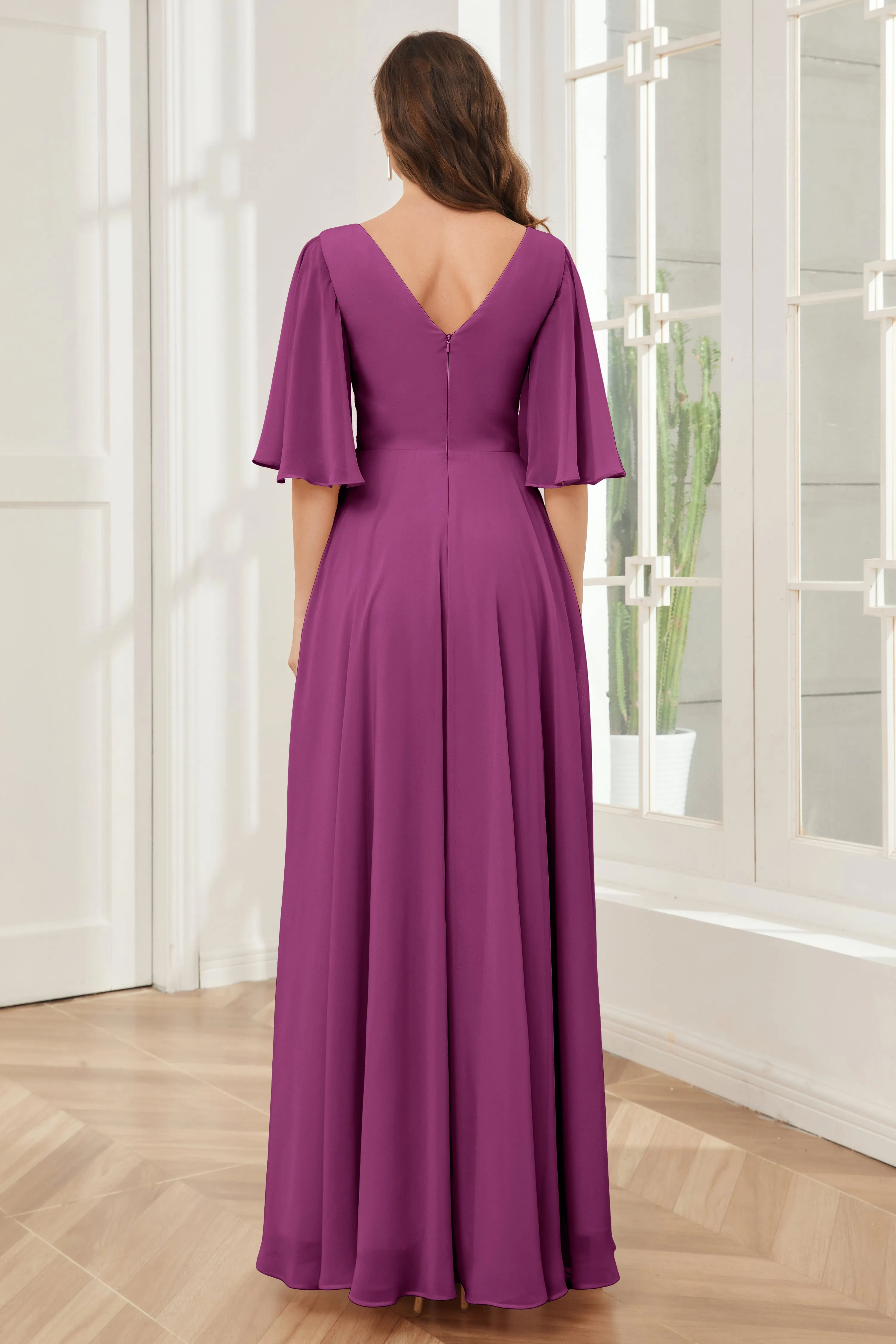 Half Sleeves V-neck Chiffon Bridesmaid Dresses