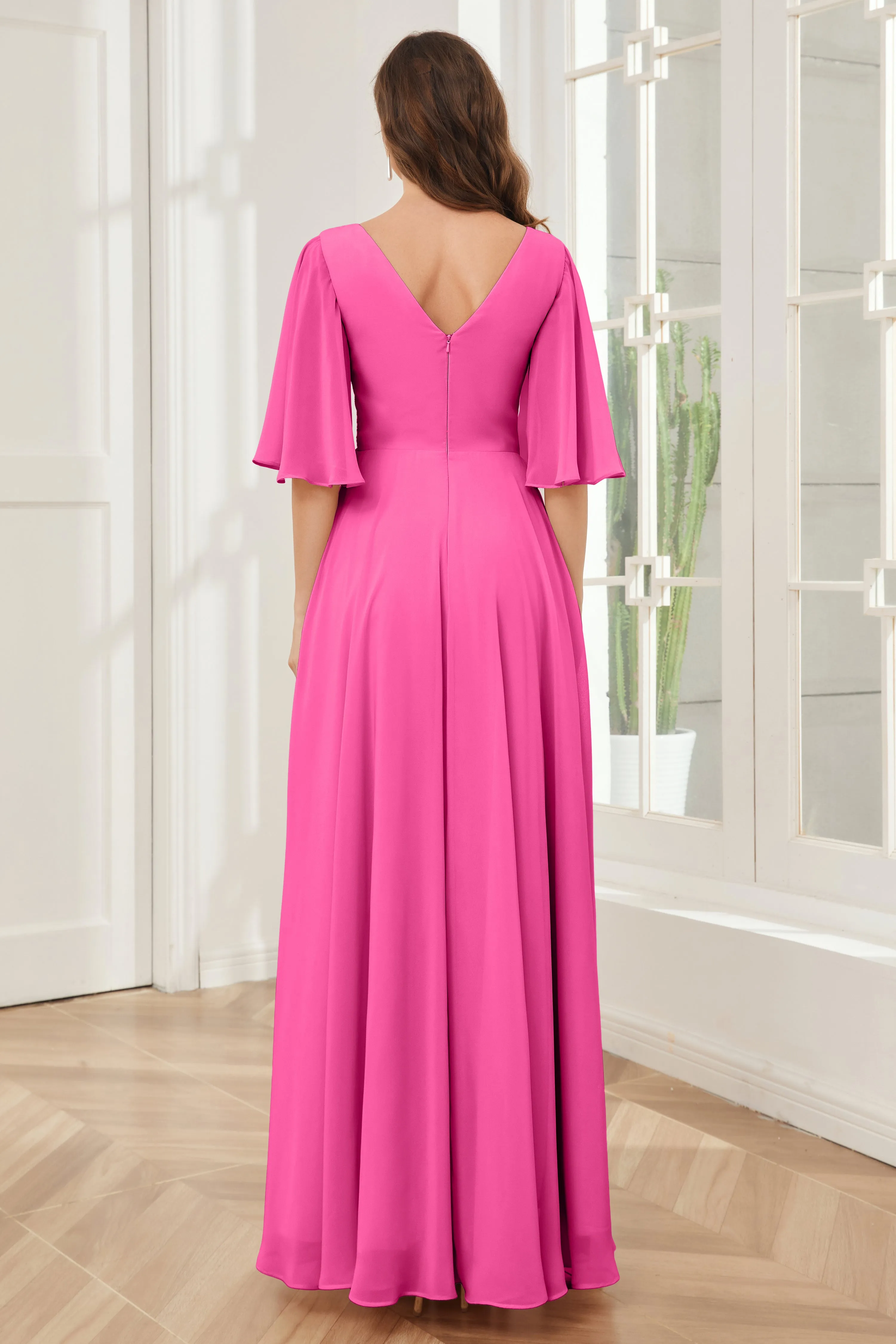 Half Sleeves V-neck Chiffon Bridesmaid Dresses