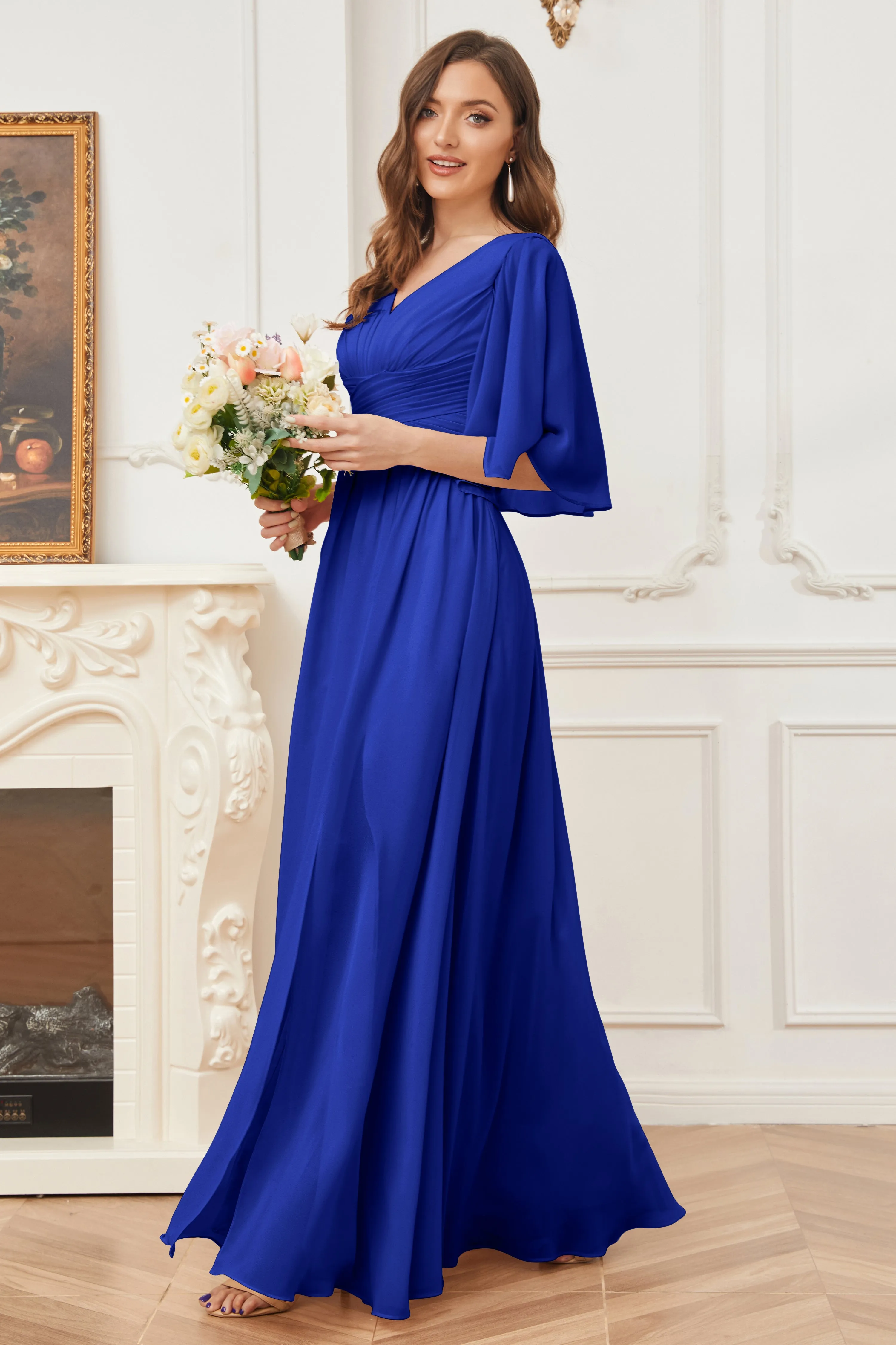 Half Sleeves V-neck Chiffon Bridesmaid Dresses