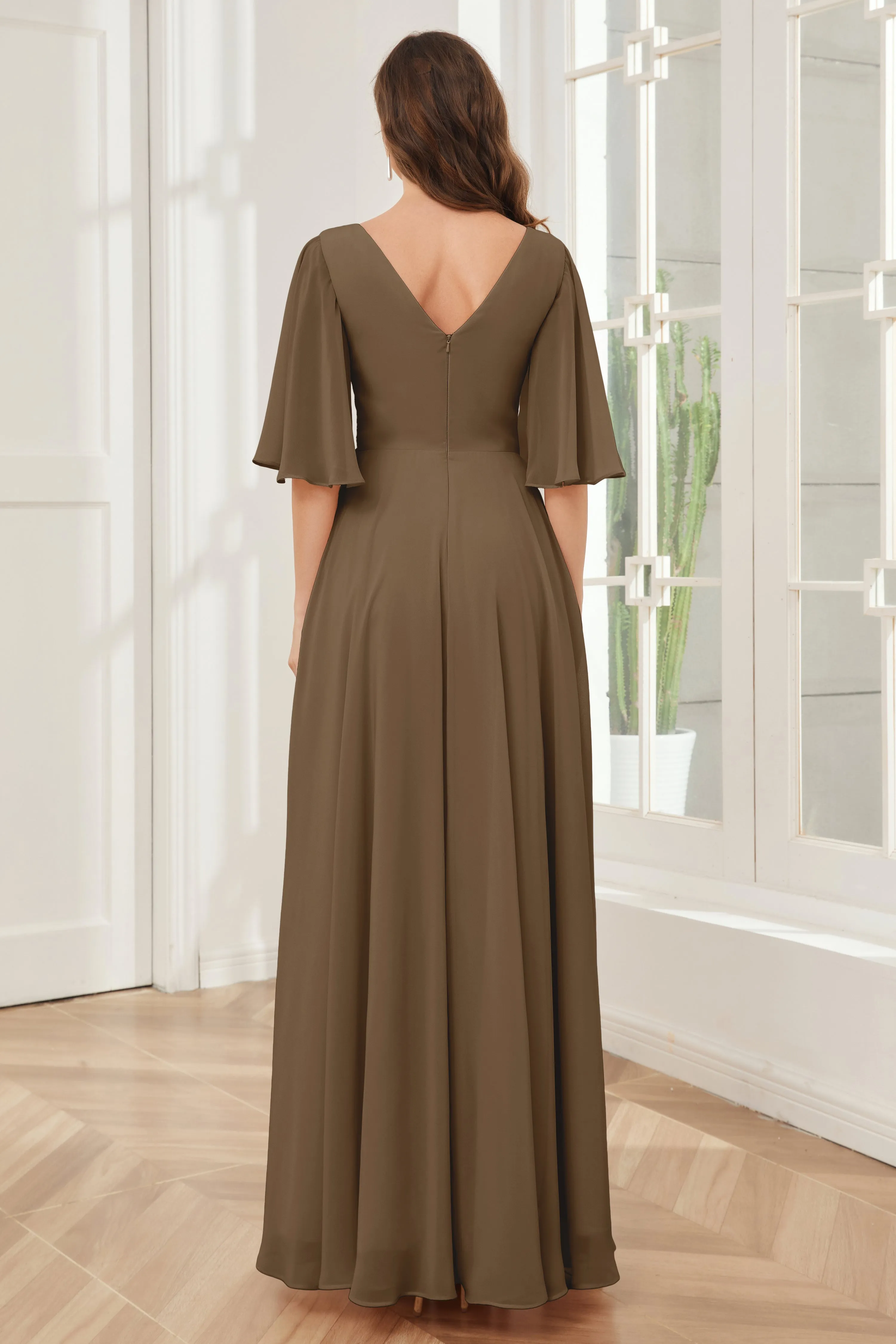 Half Sleeves V-neck Chiffon Bridesmaid Dresses