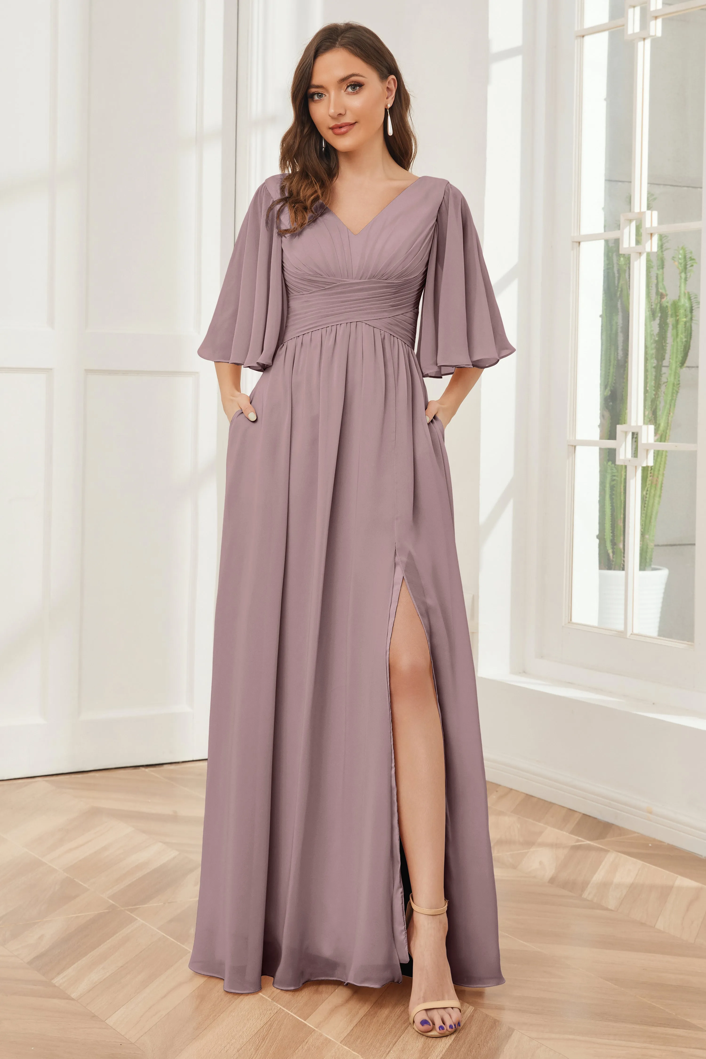 Half Sleeves V-neck Chiffon Bridesmaid Dresses