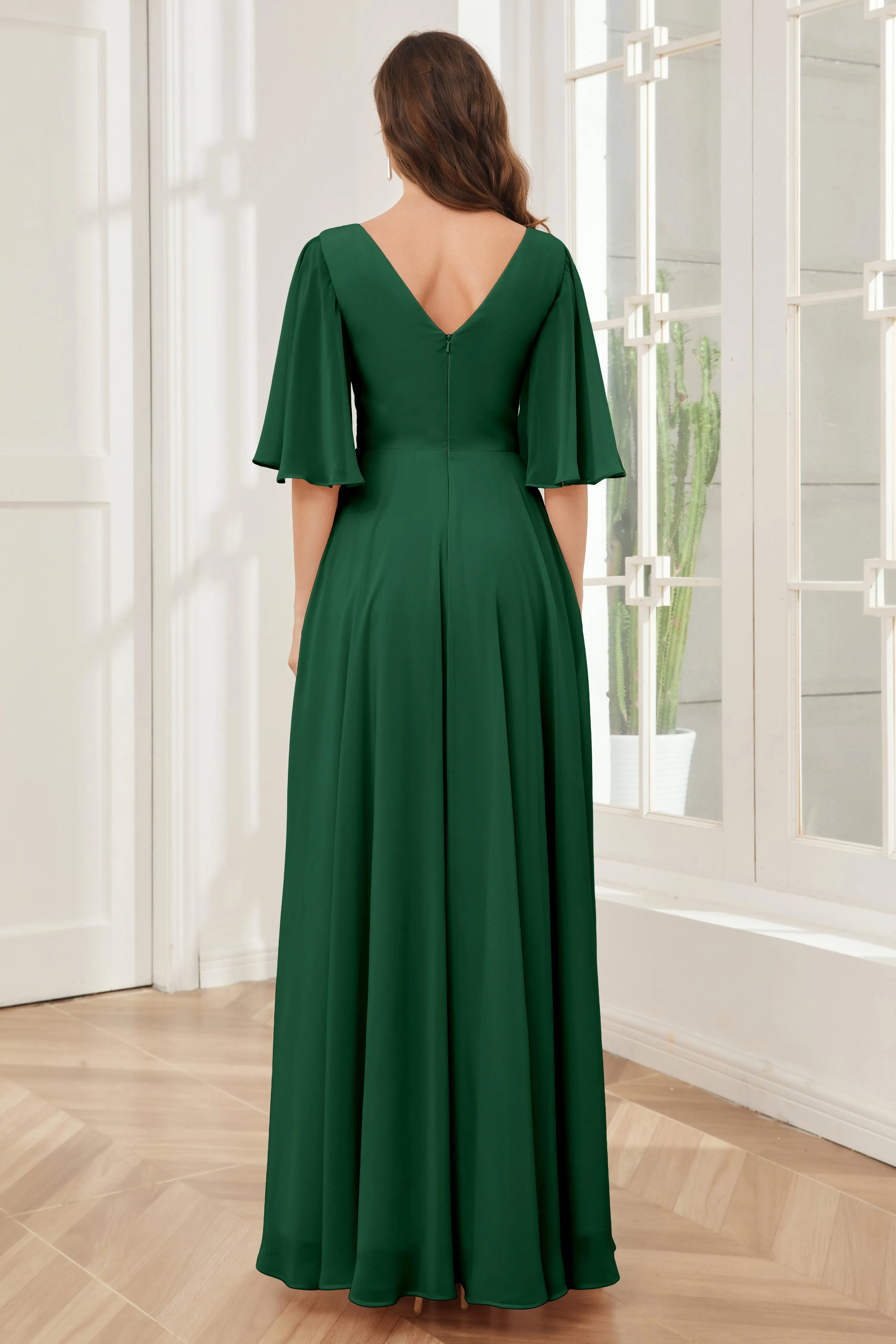 Half Sleeves V-neck Chiffon Bridesmaid Dresses