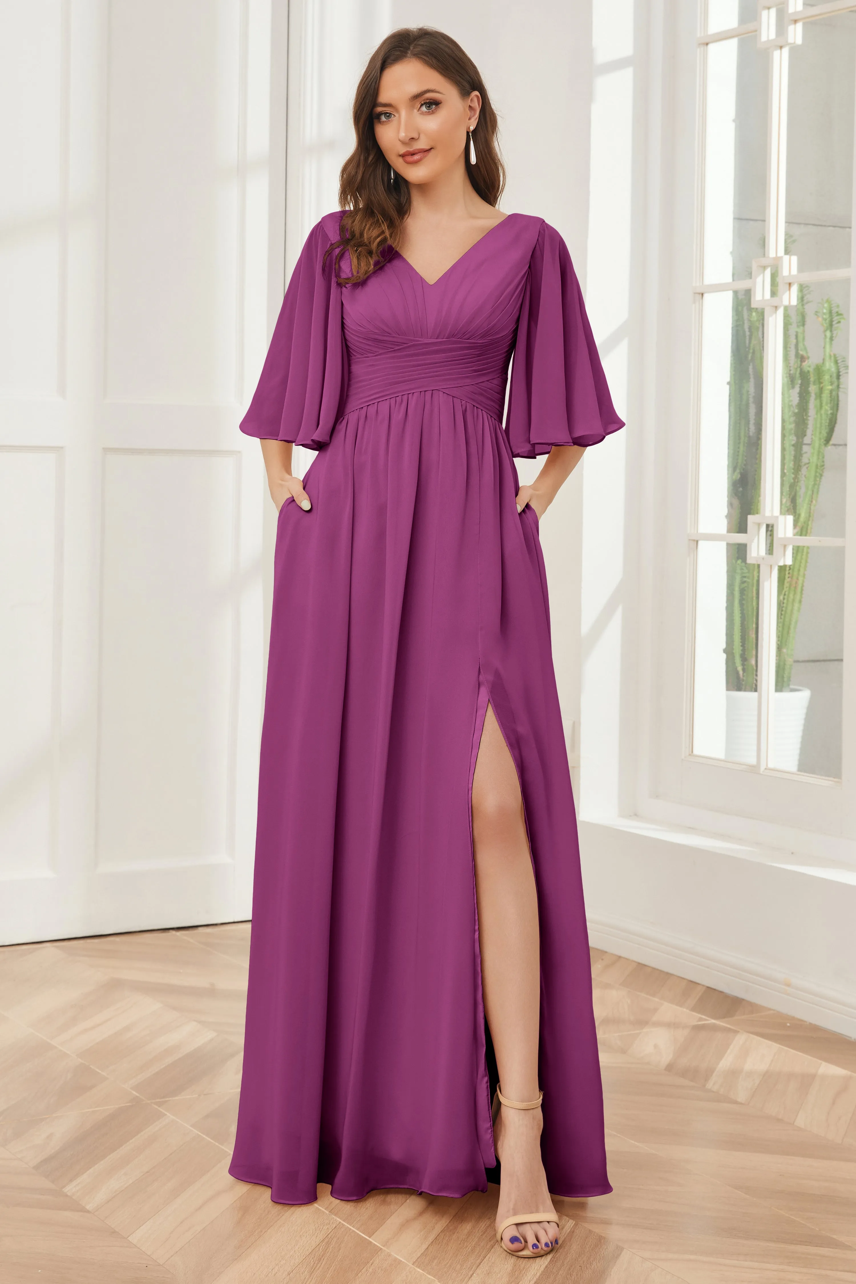 Half Sleeves V-neck Chiffon Bridesmaid Dresses