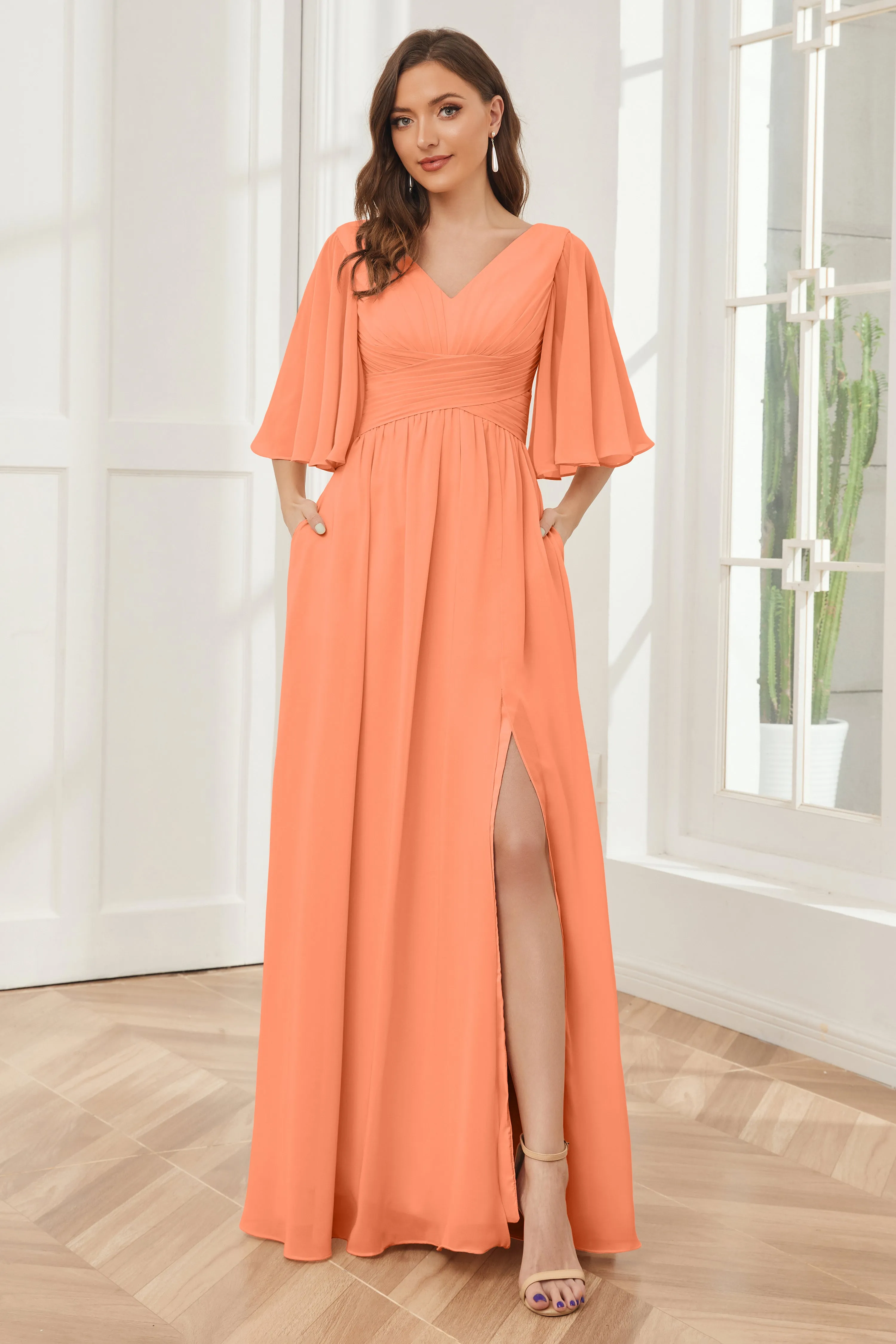 Half Sleeves V-neck Chiffon Bridesmaid Dresses