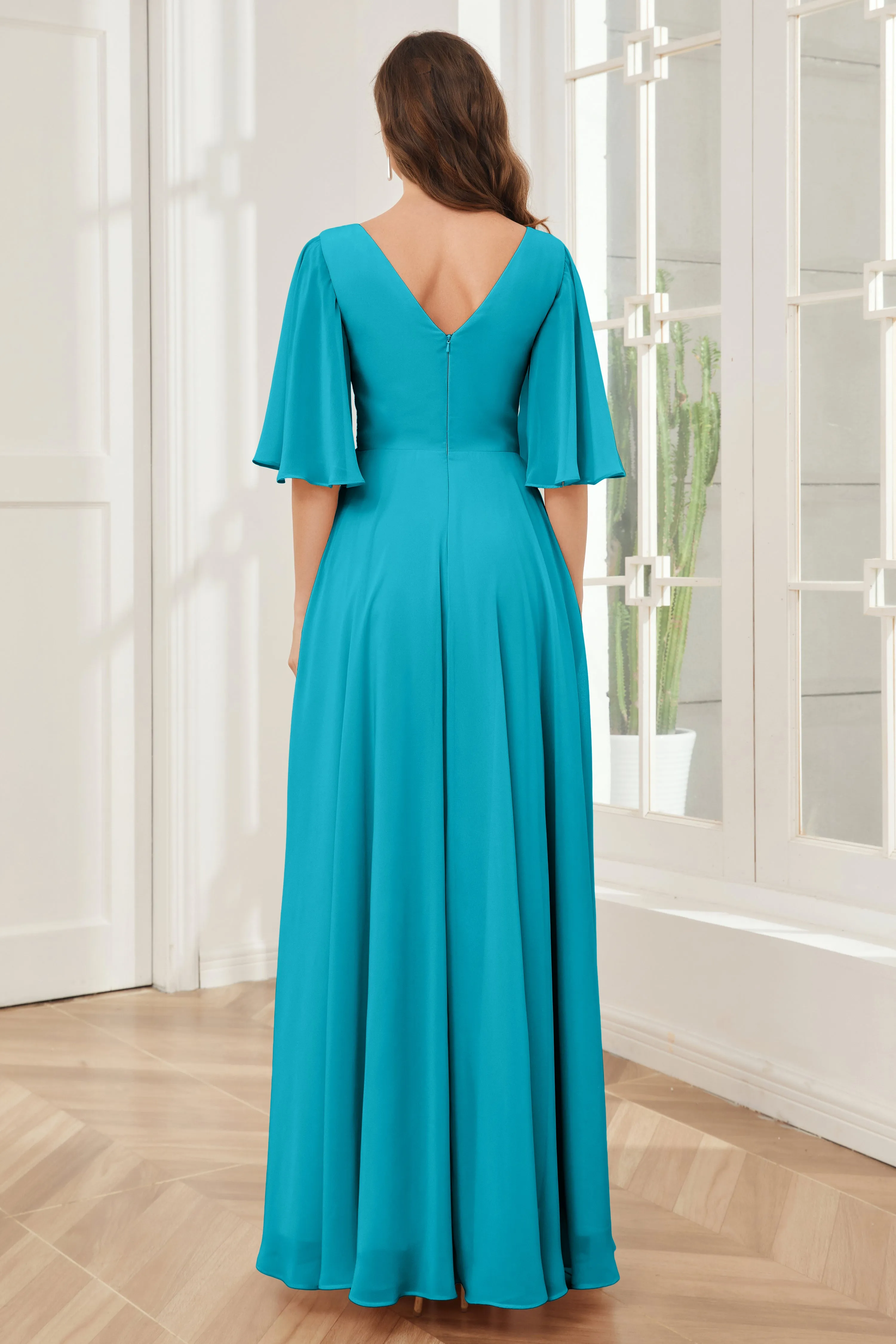 Half Sleeves V-neck Chiffon Bridesmaid Dresses