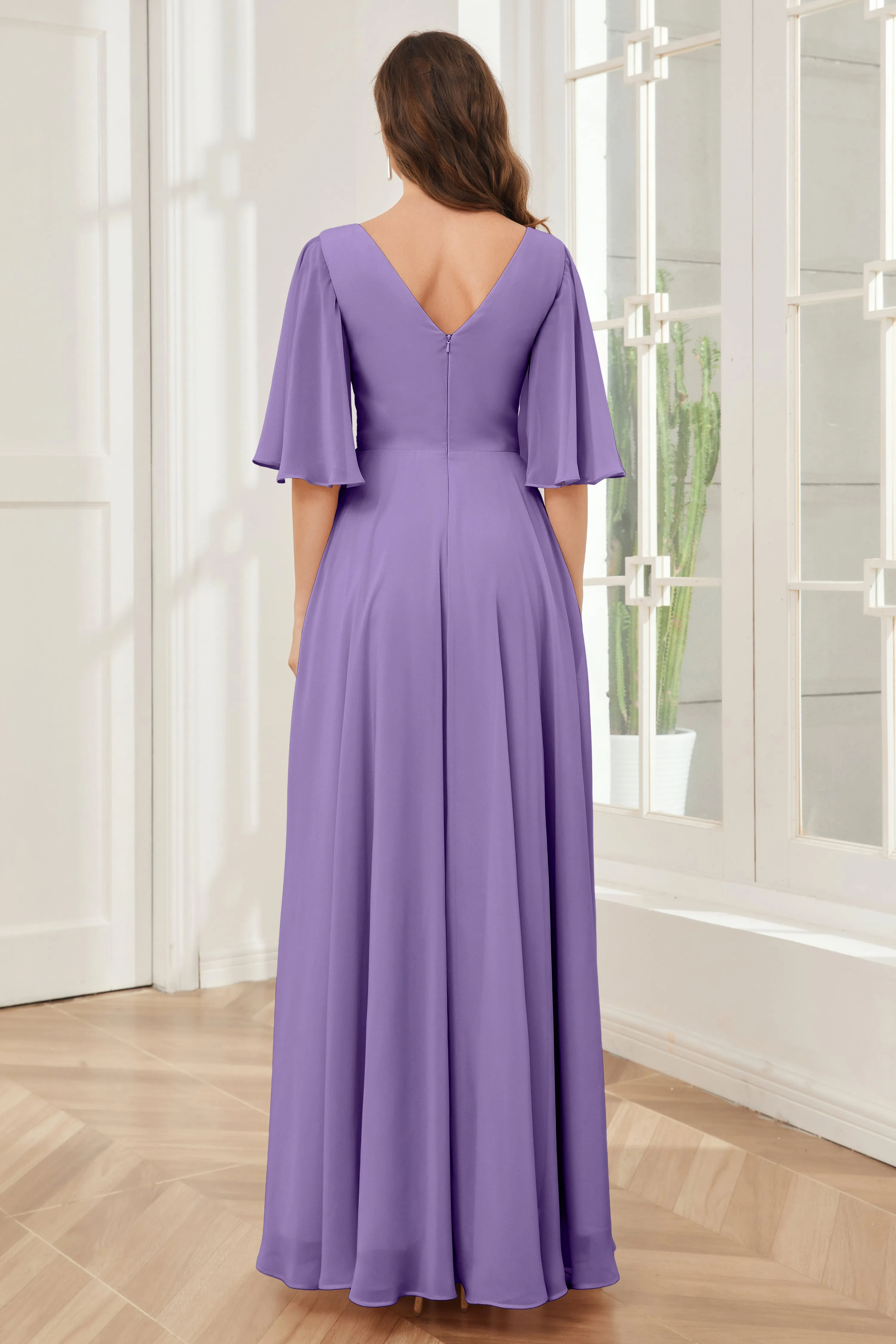 Half Sleeves V-neck Chiffon Bridesmaid Dresses