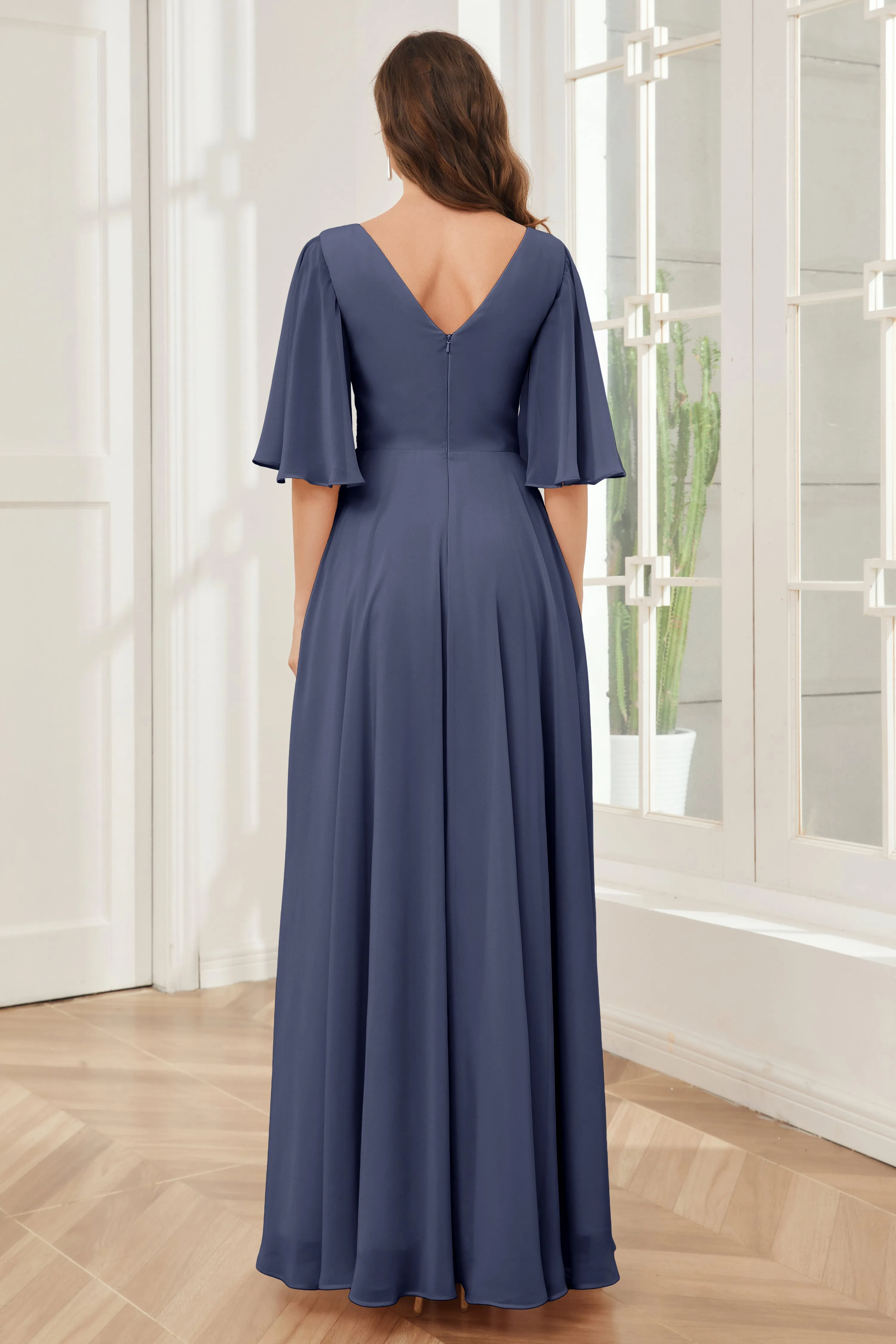 Half Sleeves V-neck Chiffon Bridesmaid Dresses