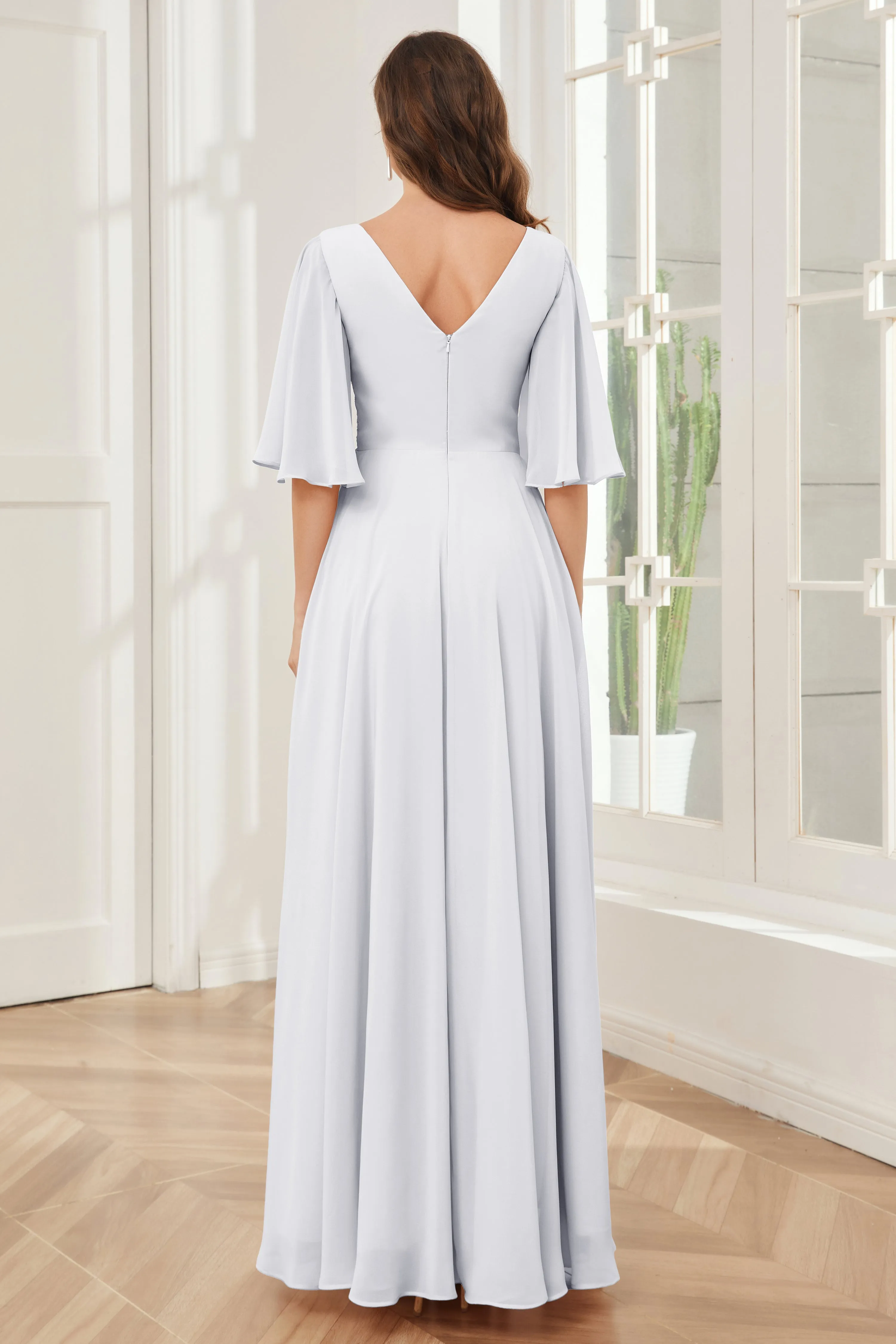 Half Sleeves V-neck Chiffon Bridesmaid Dresses