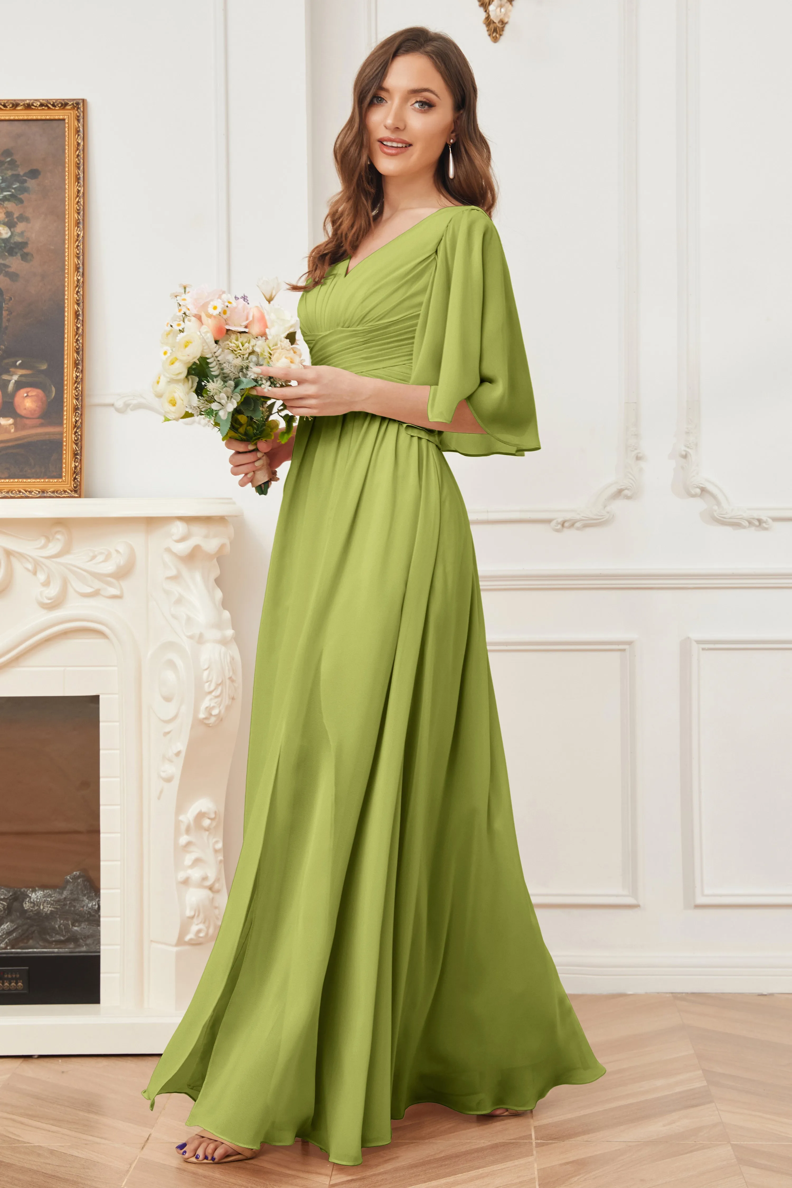 Half Sleeves V-neck Chiffon Bridesmaid Dresses