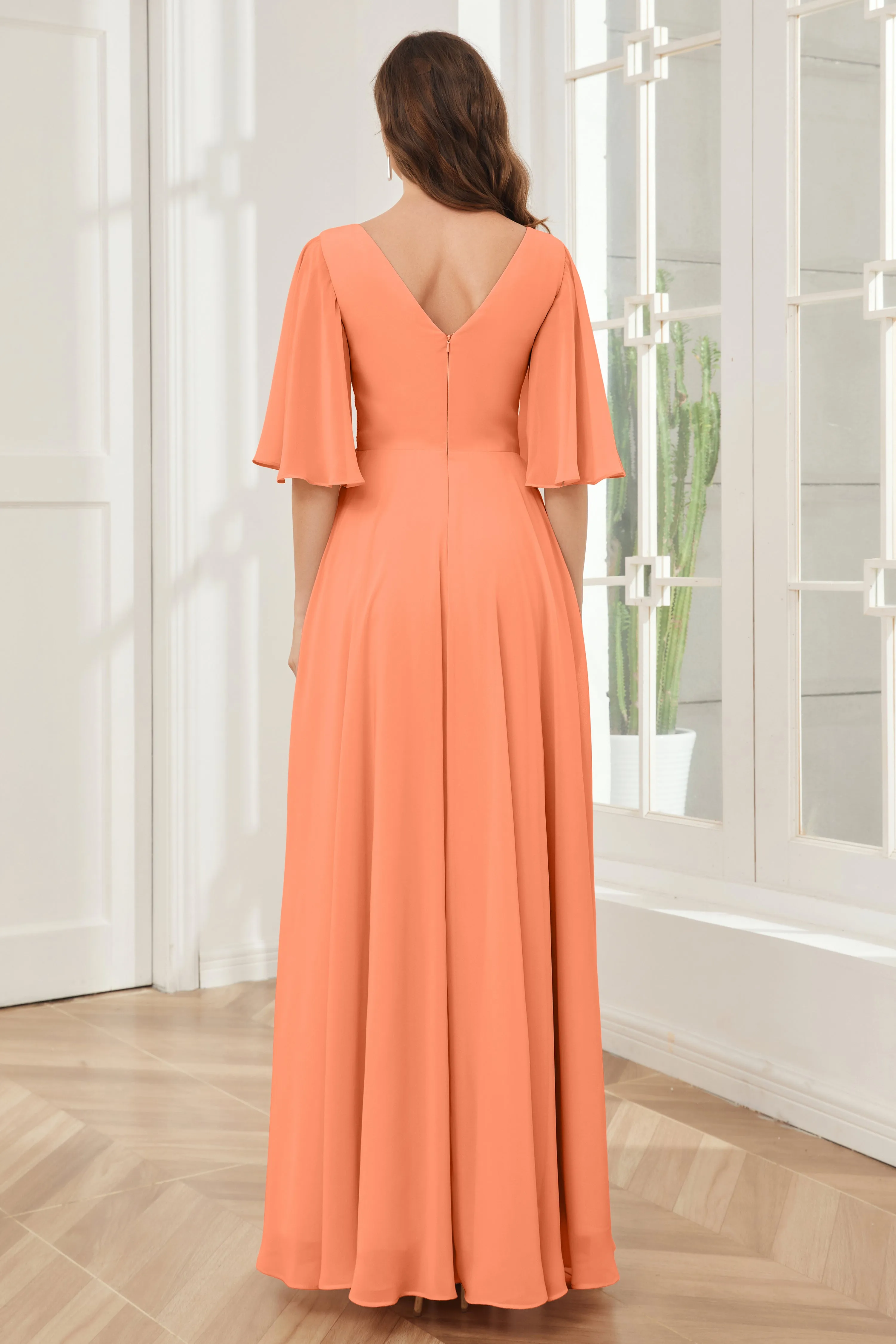 Half Sleeves V-neck Chiffon Bridesmaid Dresses