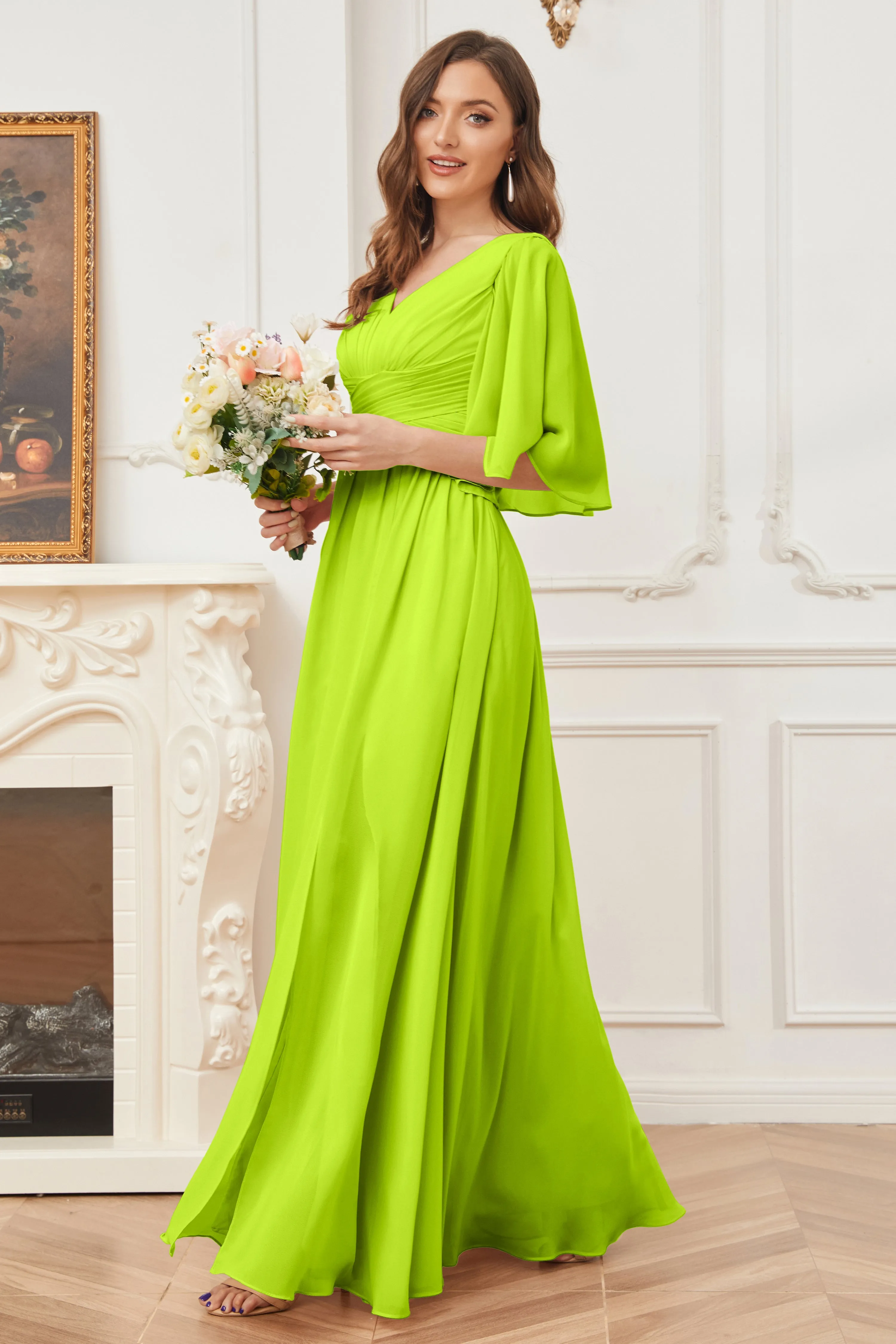 Half Sleeves V-neck Chiffon Bridesmaid Dresses