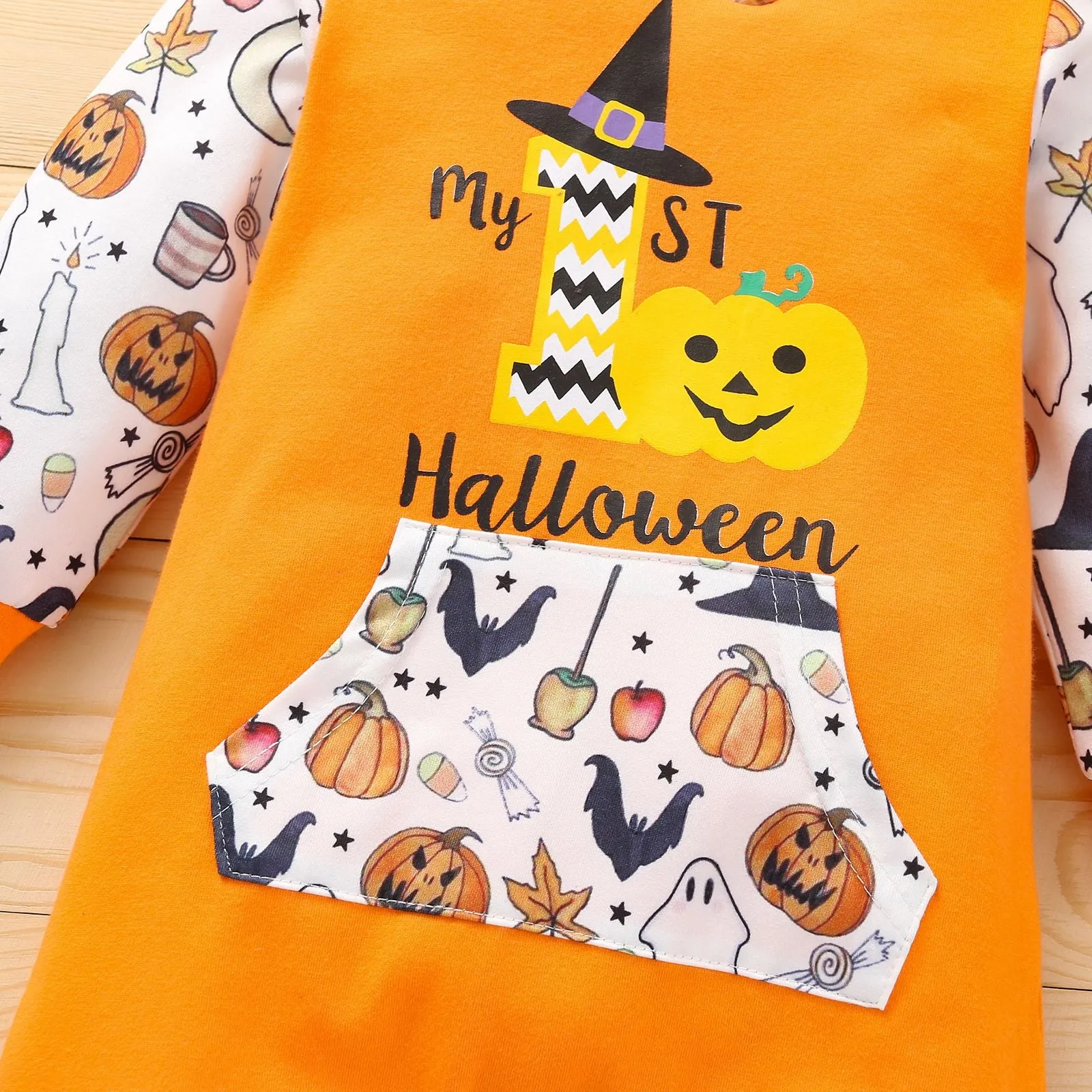 Halloween Baby Pumpkin Hooded Jumpsuit Color Block