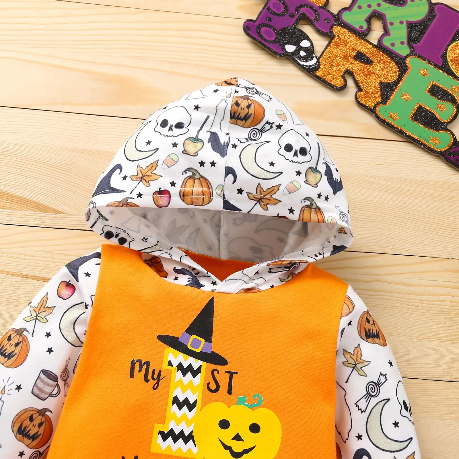 Halloween Baby Pumpkin Hooded Jumpsuit Color Block