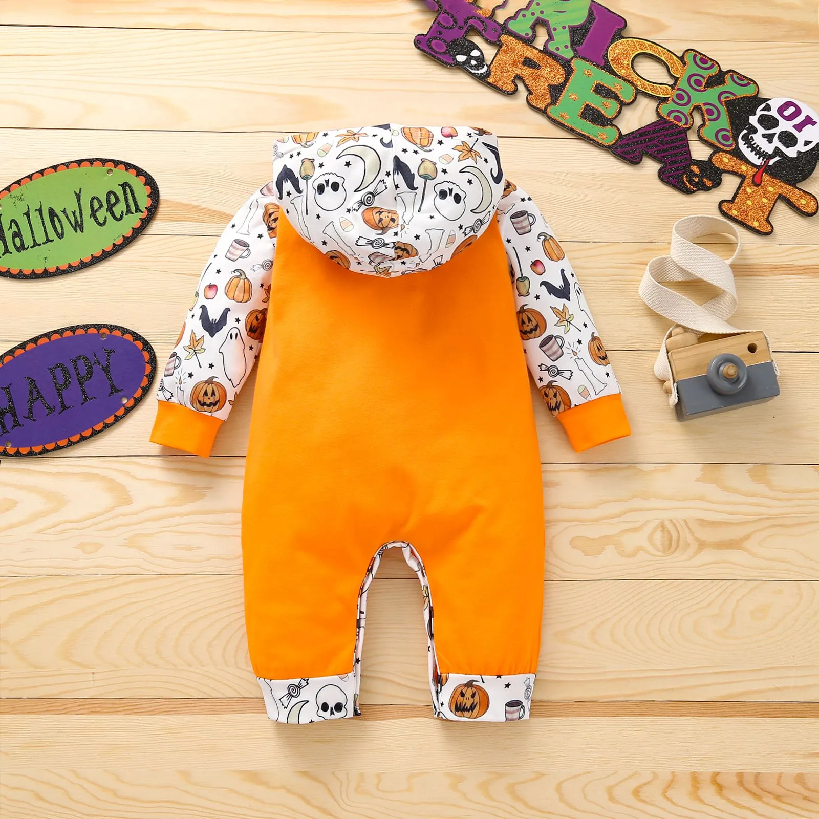 Halloween Baby Pumpkin Hooded Jumpsuit Color Block