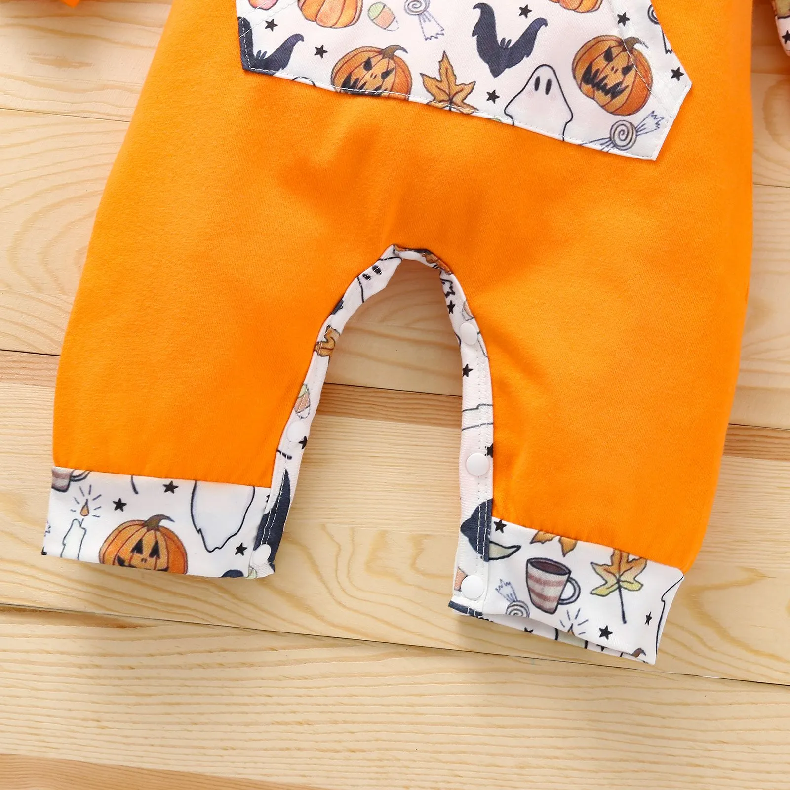 Halloween Baby Pumpkin Hooded Jumpsuit Color Block