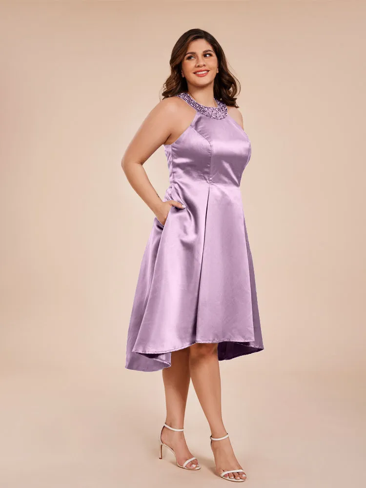 Halter A-Line Knee Length Satin Mother of the Bride Dress With Beading